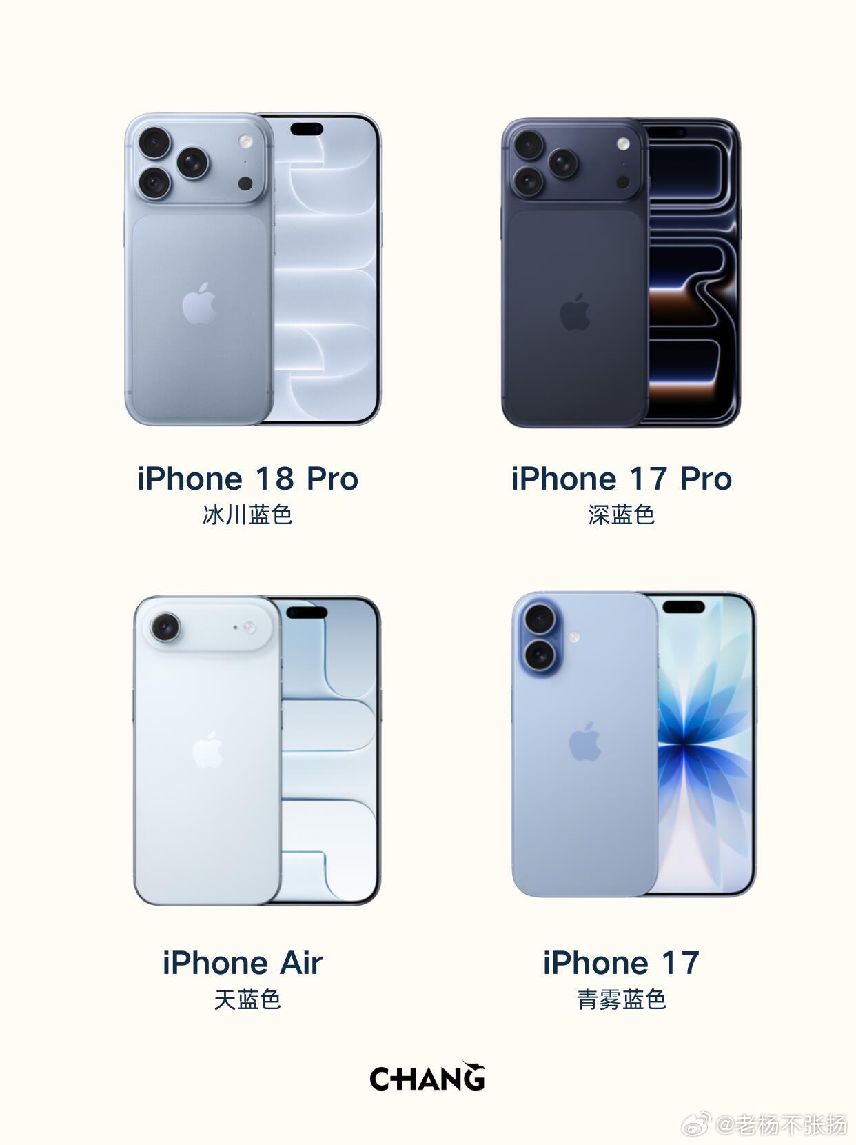 历代#iPhone#蓝色设计，你pick哪一款？😉
从 iPhone12到 iPhone18Pro，几乎每年都会推出1-2款蓝色iPhone💙

iPhone 18 Pro 冰川蓝色
iPhone 17 Pro 深蓝色
iPhone Air 天蓝色
iPhone 17 青雾蓝色
iPhone 15 Pro 蓝色钛金属
iPhone 15 蓝色
iPhone 14 蓝色
iPhone 13 Pro 远峰蓝色
iPhone 13 蓝色
i ​