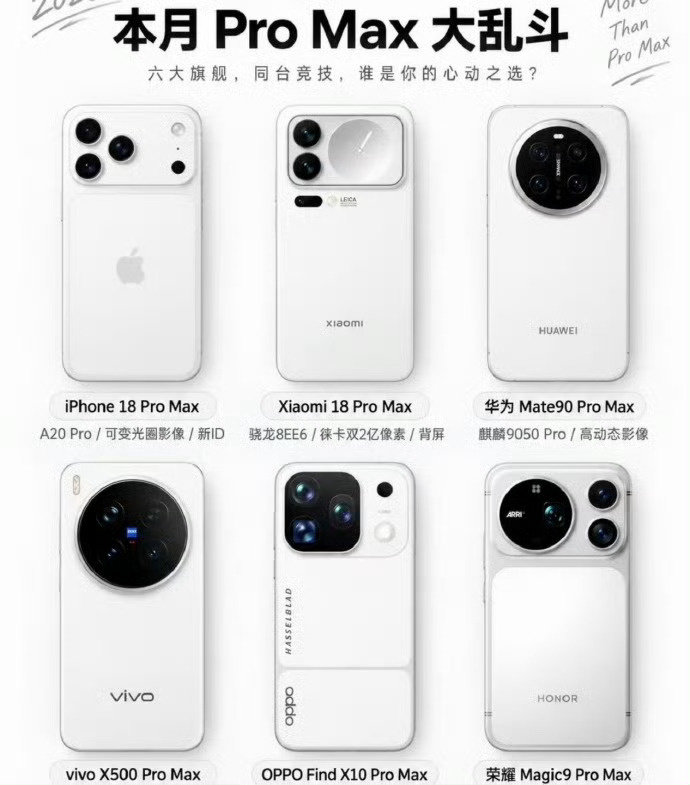 #Pro Max大乱斗#  
这个月也太热闹了，我真的从来没有在同一个时间段内见到这么多的Pro Max机型

刷了一圈，感觉蓝厂给的很多啊，甚至新的影像旗舰还给了17EV的大动态范围

如果是你们会怎么选呢？[点赞] ​