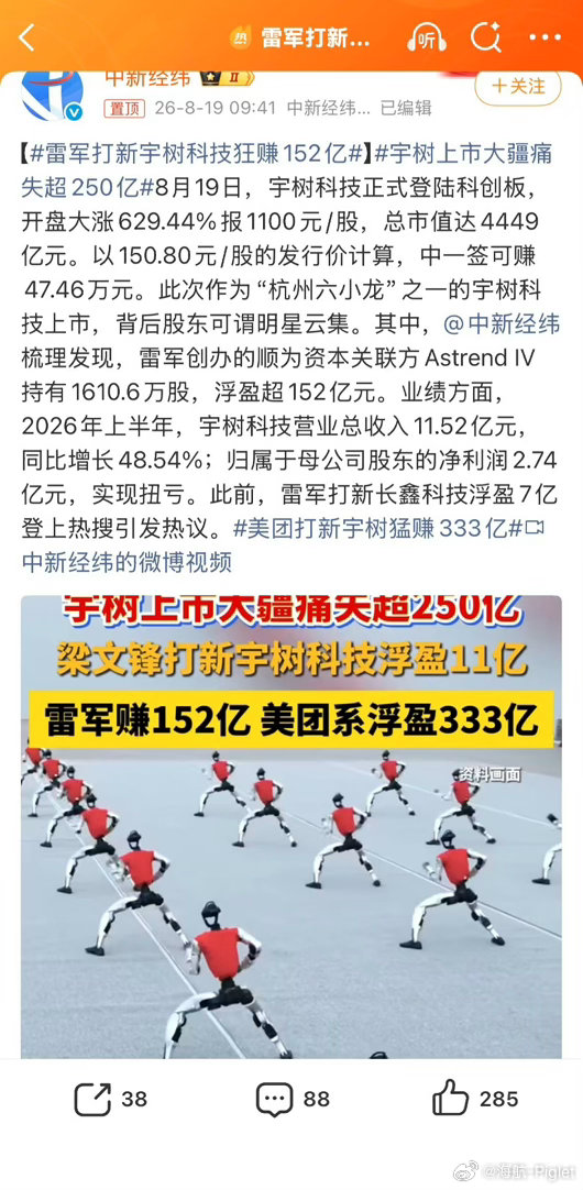 雷总之前就说，炒股赚钱对他来说太容易了，现在看来确实没错[捂嘴哭]
#雷军打新宇树科技狂赚152亿# ​