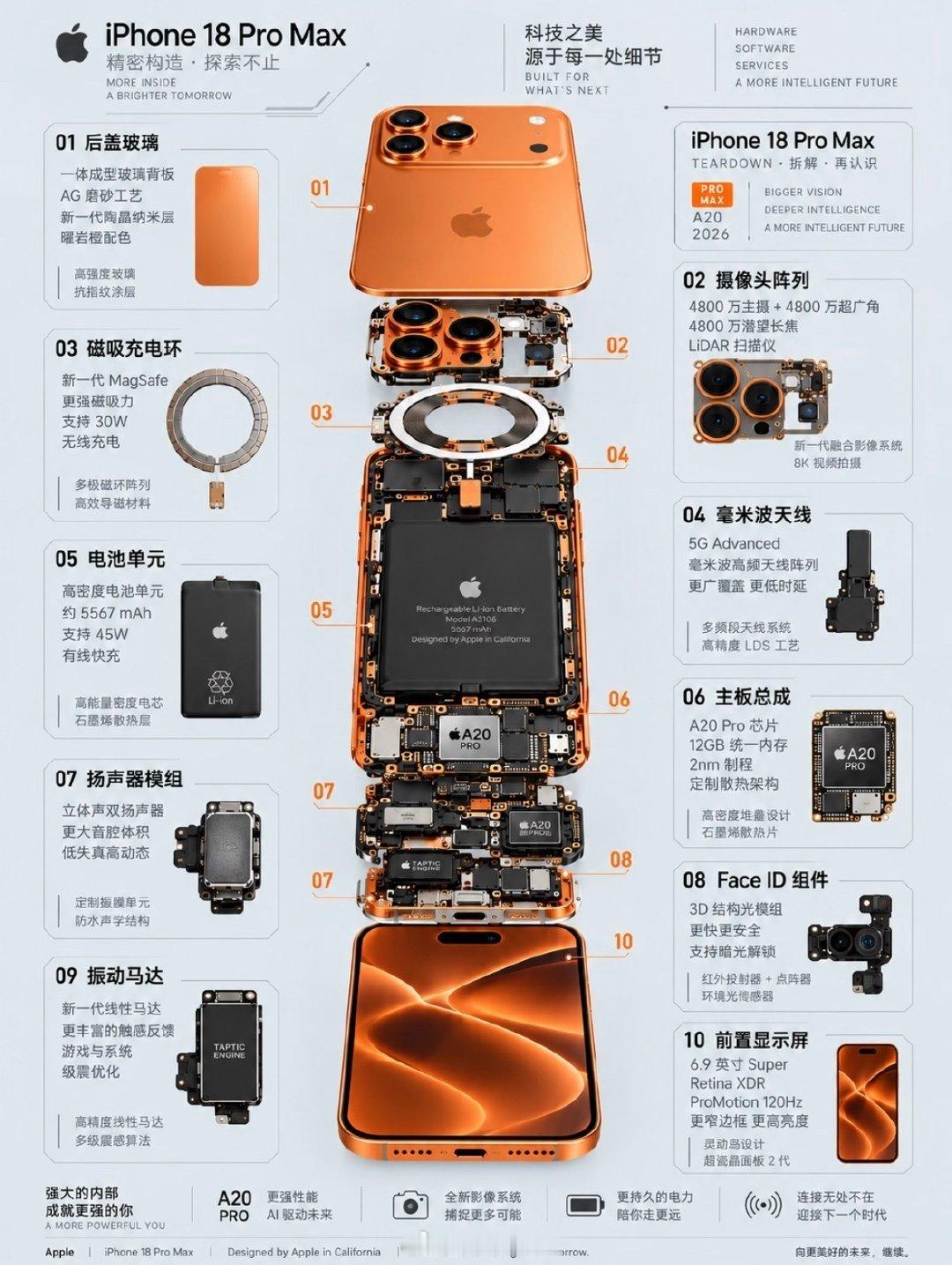 18 Pro Max拆解图，最扎眼的不是A20 Pro，是那块5567毫安的电池，快占满整机。
屏下Face ID一上，屏幕那块黑的彻底没了。
图再香也不急，我16电池没罢工，再撑撑。 ​