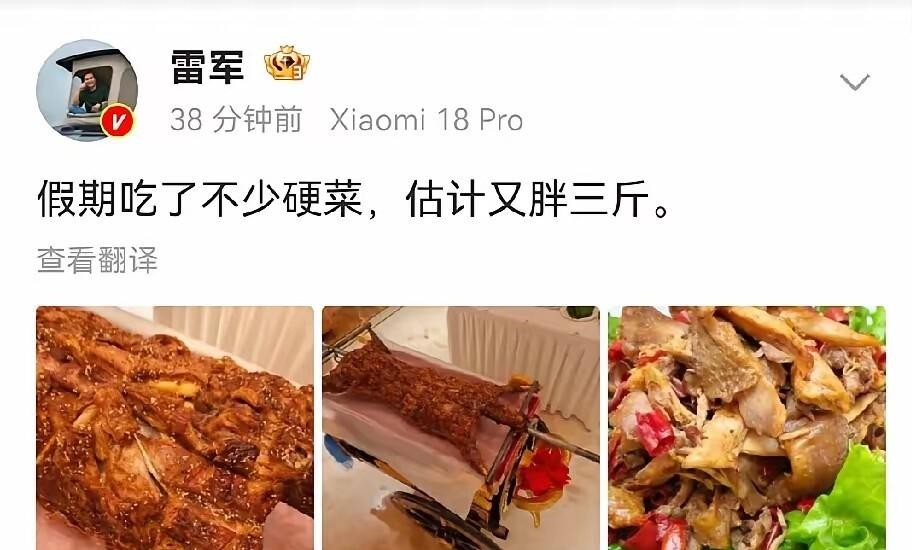 烤全羊的油光还挂在雷军那条动态的屏幕上，配文却透着一股无奈：“假期吃了不少硬菜，估计又胖三斤。 ”大佬的筷子也没能绕过那层焦脆的皮。 炭火气、油脂香、撕扯时肉丝弹开的触感，隔着屏幕都往鼻子里钻。 假期就是这样，餐桌上一盘接一盘，筷子停不下来，饱嗝打出来才觉得踏实。 等站上体重秤，数字跳一跳，心里跟着