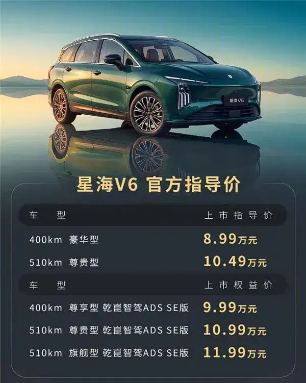 作为东风风行icon推出的纯电大型家用SUV，星海V6搭载华为icon乾崑智驾ADS 5 SE，这也是华为高阶智驾系统首次落地十万级车型。

最让人惊喜的是，上市权益价只要9.99万元起，顶配也不过11.99万元。要知