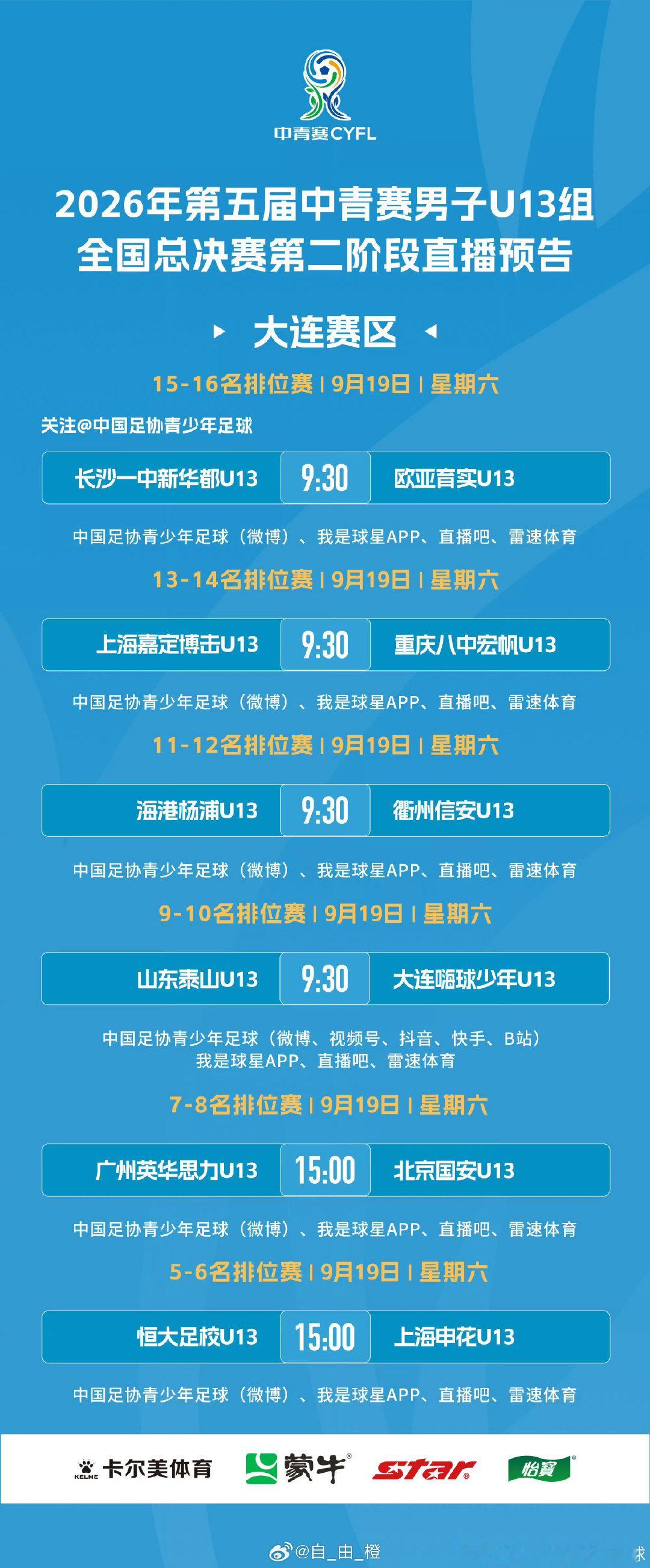 2026年第五届中青赛男子U13组全国16强赛6轮直播预告 ​