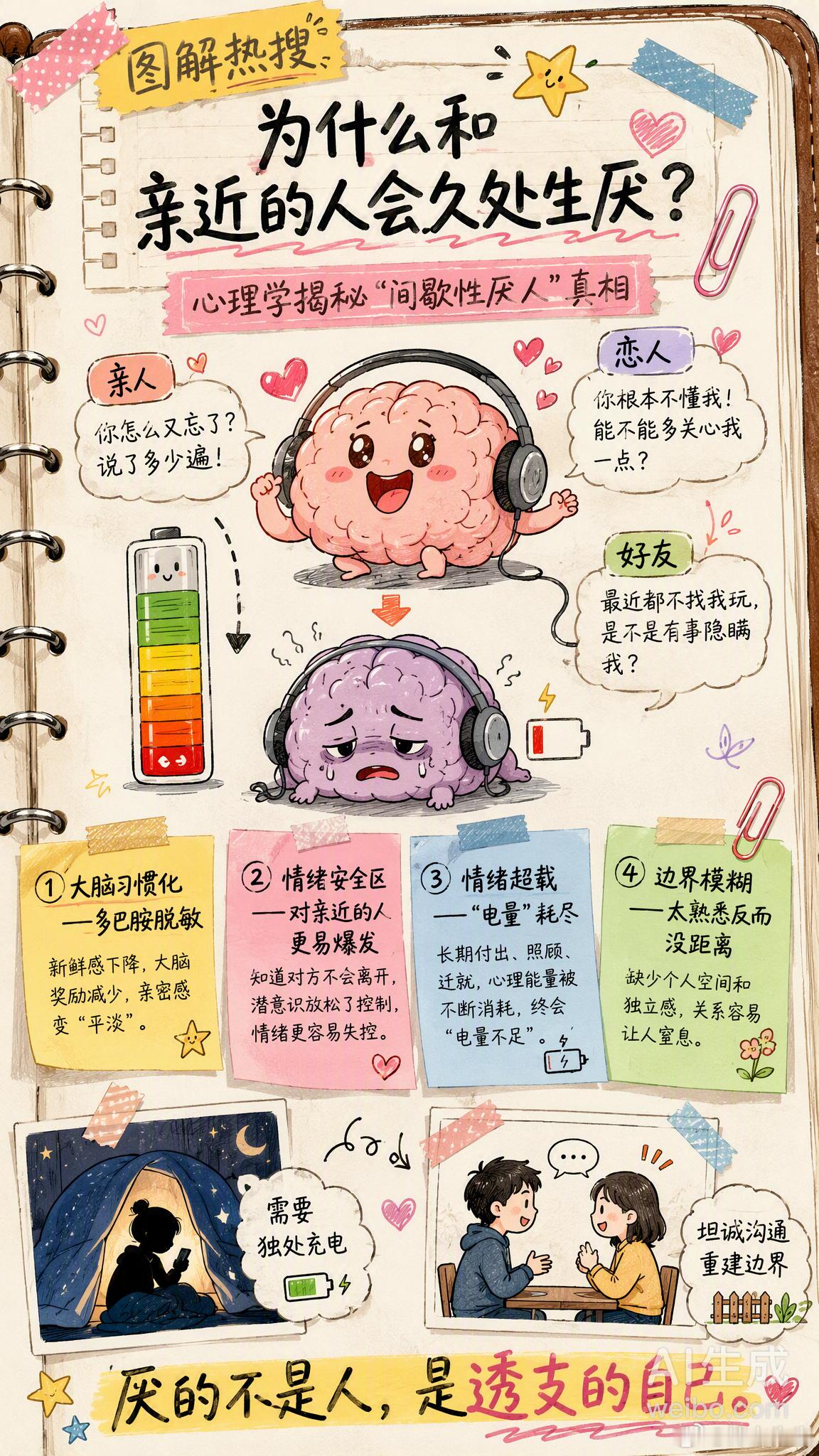 为什么和亲近的人会久处生厌你有没有过这样的时刻：明明是最亲近的人，相处久了却莫名烦躁，甚至想躲得远远的？心理学上，这其实很常见，背后有几个值得了解的原因👇🧠 大脑会「习惯化」热恋时多巴胺上头，看对方哪哪都好；时间久了，大脑对同样的刺激逐渐脱敏，新鲜感自然下降。这不是不爱了，是神经系统在「换挡」。🛡️ 情绪安全区被突破我们对陌生人会保持礼貌和克制，但对亲近的人更容易暴露真实情绪——包括那些积压的烦躁、委屈和攻击性。潜意识里觉得“你不会离开我”，反而少了边界感。🔋 情绪处理器超载关系越亲密，情绪交换越频繁。当对方的情绪、需求、琐事不断涌入，自己的“情绪电量”耗尽时，连对方的小动作都可能成为爆发的导火索。💡 所以，久处生厌不一定是关系出了问题，而可能是提醒你需要：独处充电、坦诚沟通、重建边界。你有没有过这种“间歇性厌人”的时刻？后来是怎么调节的？情感热点创作激励计划