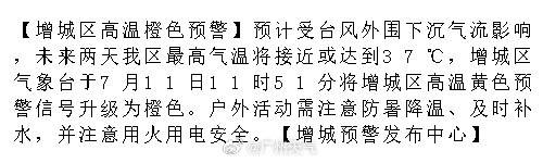 【增城区高温橙色预警】预计受台风外围下沉气流影响，未来两天我区最高气温...