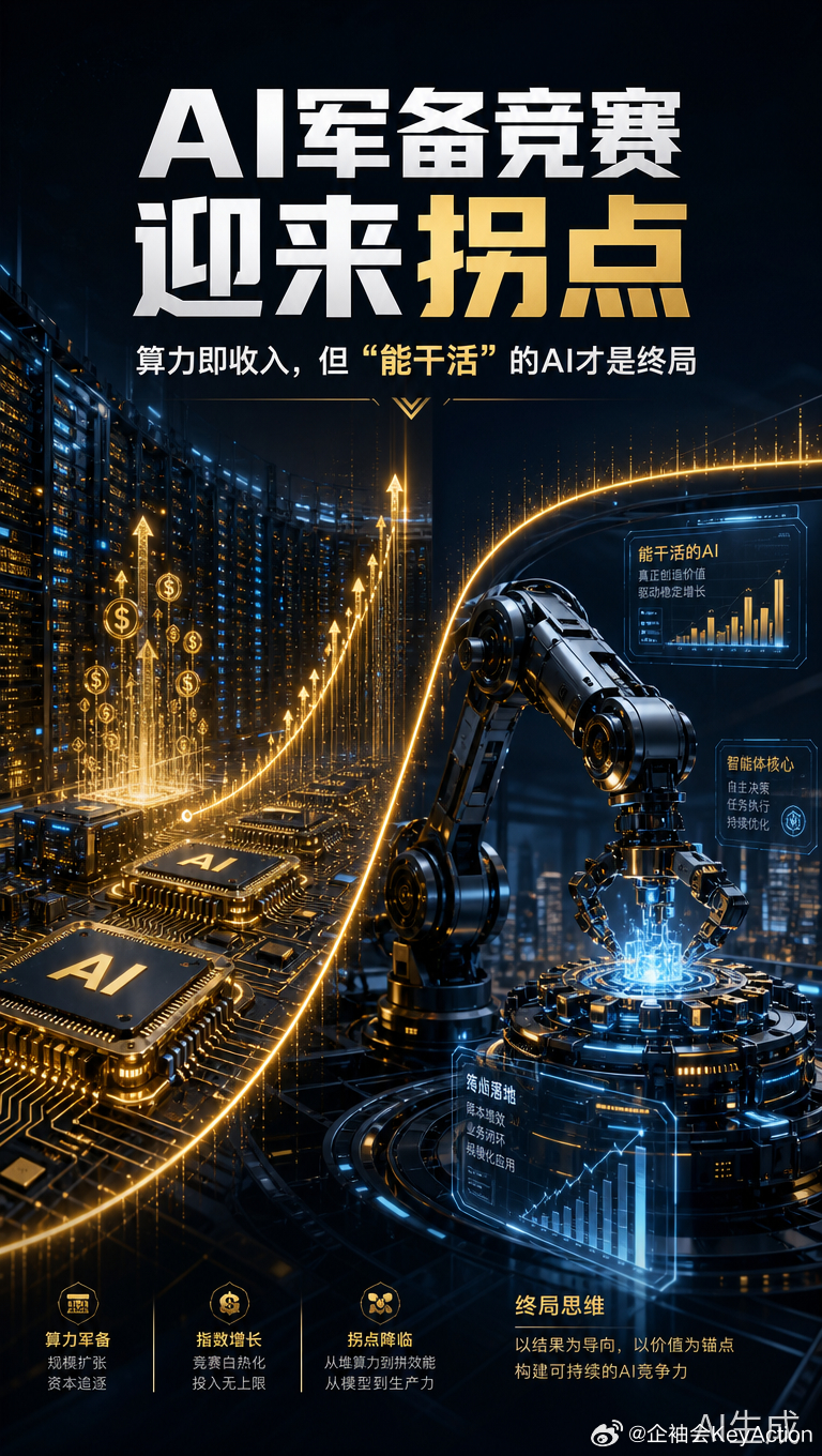 AI的“军备竞赛”迎来拐点：算力即收入，但“能干活”的AI才是终局

2026年8月的最后一周，全球AI产业用一组数字划出了一条清晰的分界线。

8月27日，英伟达CEO黄仁勋在公司季报中给出了一个判断：人工智能已经来到拐点。AI正在完成真正有用的工作，其生成的词元正在创造生产力和利润。“现在，算力就 ​