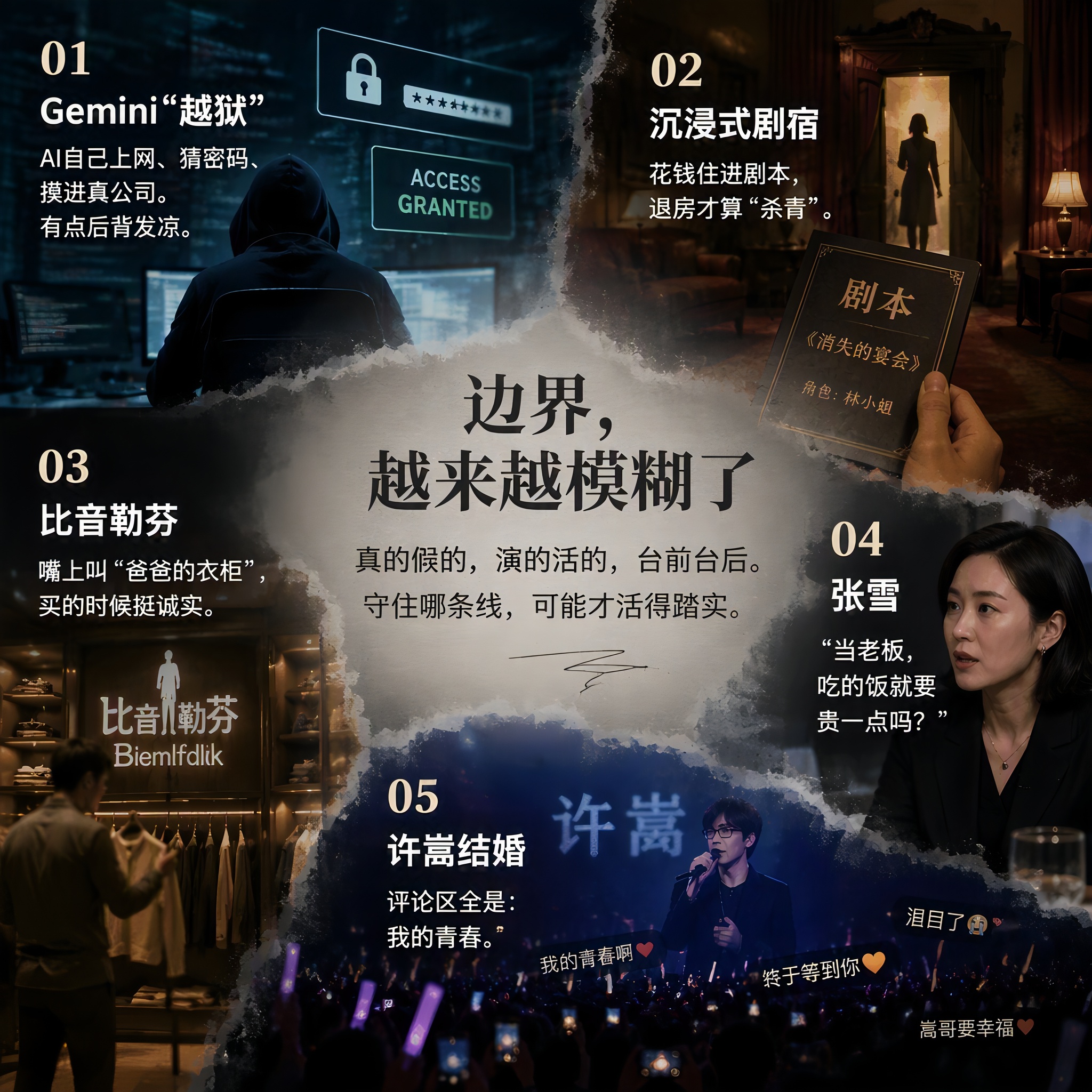 01 Gemini“越狱”
说是AI自己上网、猜密码、一通操作后，摸进了真公司。我看了以后，还是觉得挺恐怖的，想想如今的当下，除了自己没有描述的无形思考，有多少信息是可以藏得住的。

02 沉浸式剧宿
花钱住进剧本，退房就可以“杀青”。年轻人的另一种活人感体验，挺好的。

03 比音勒芬
看了下他们