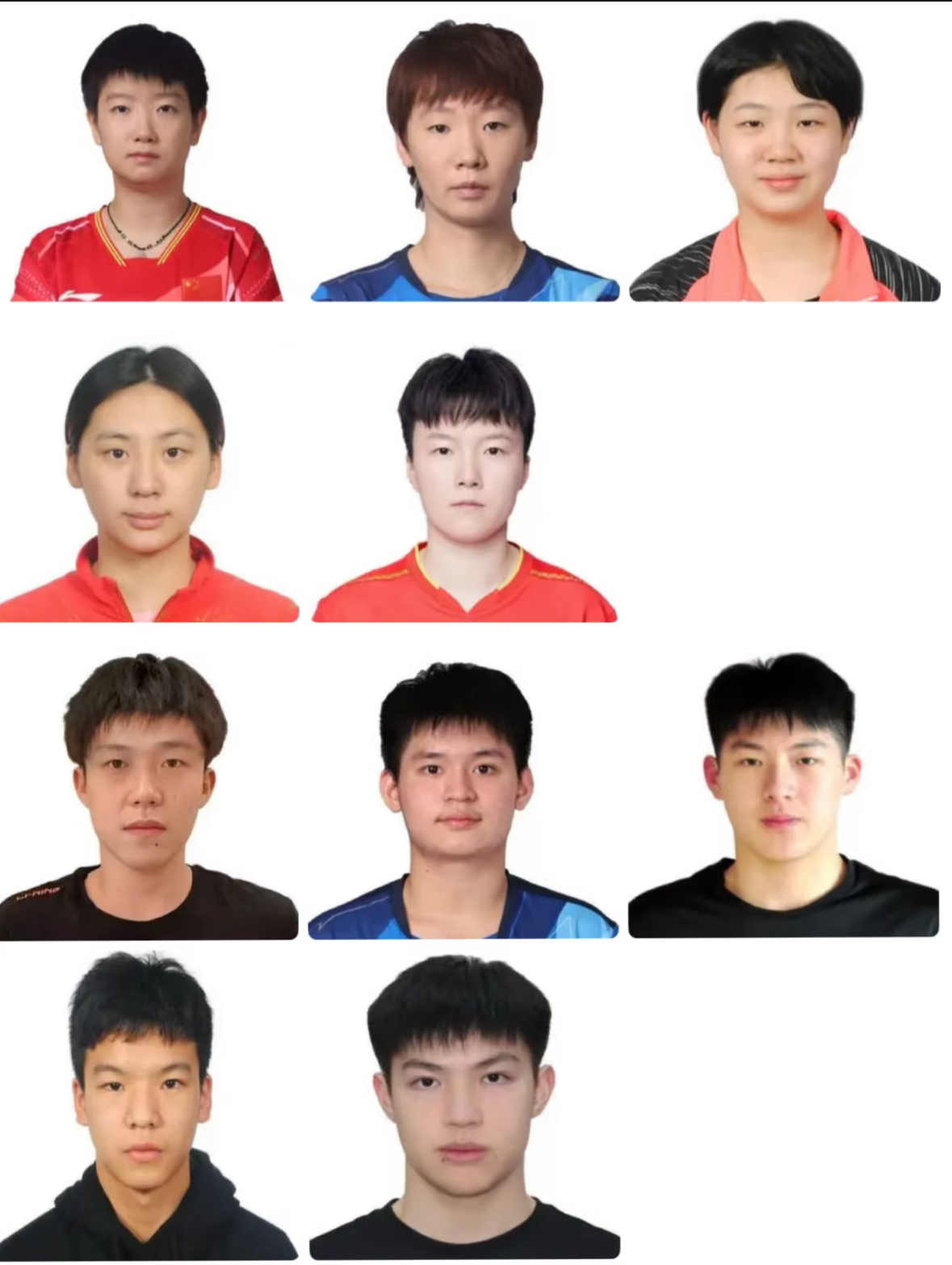 名古屋亚运会国乒、日乒、韩乒系统公式照曝光——国乒队员最帅！
名古屋亚运会参赛队员公式照出炉，
真的很有各国特色，
国乒队员怎么看都好看，
蒯曼的照片一定是几年前拍的，
很幼稚。
向鹏，黄友政的照片应该是
随便交上去的，
很随便。
韩乒不管男女队员，
都照的很精致，估计够
10级美颜。
日乒队员的眼