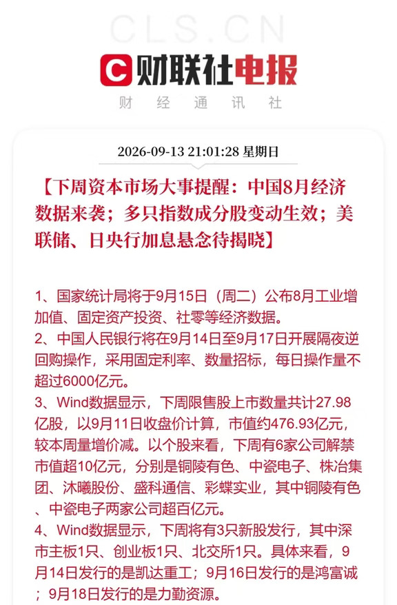 下周资本市场大事提醒