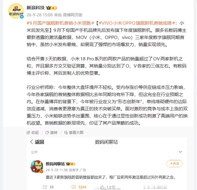 #9月国产旗舰新机首销小米领跑# 
首销数据出来了，粮厂新旗舰又是同期激活量最高的。发布最晚，销量却超过两家友商之和，分别是三倍左右。
涨价大背景下，消费者只愿意为真创新买单。AI背屏、防窥屏这些看得见的突破，才是换机理由。常规升级？太难了。友商们还在卷参数，粮厂已经用形态创新拉开差距了 ​