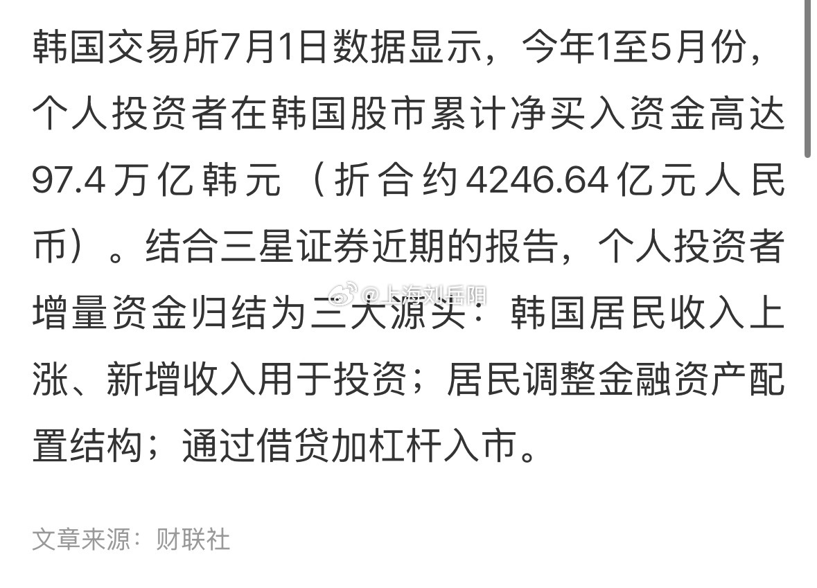 韩国散户今年前5个月在韩国股市累计净买入97.4万亿韩元 韩国交易所7...