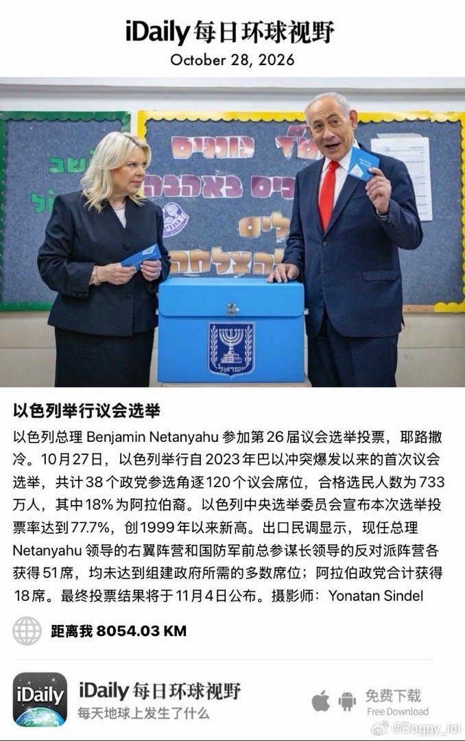 October 28, 2026 - 以色列总理 Benjamin Netanyahu 参加第26届议会选举投票，耶路撒冷。10月27日，以色列举行自2023年巴以冲突爆发以来的首次议会选举，共计38个政党参选角逐120个议会席位，合格选民人数为733万人，其中18%为阿拉伯裔。以色列中央选举委 ​