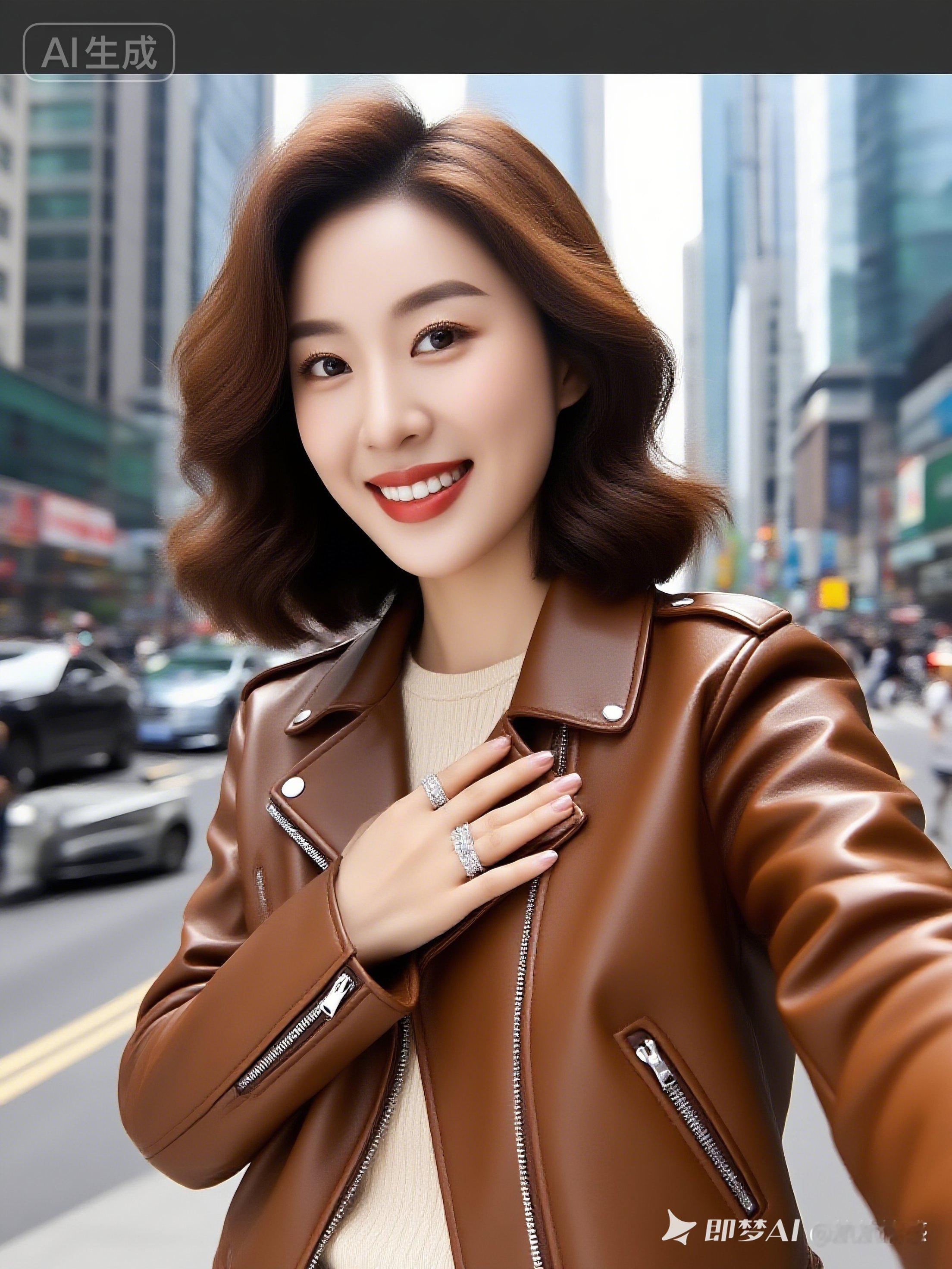 都市时尚女孩，微笑自拍，棕色皮夹克，城市背景