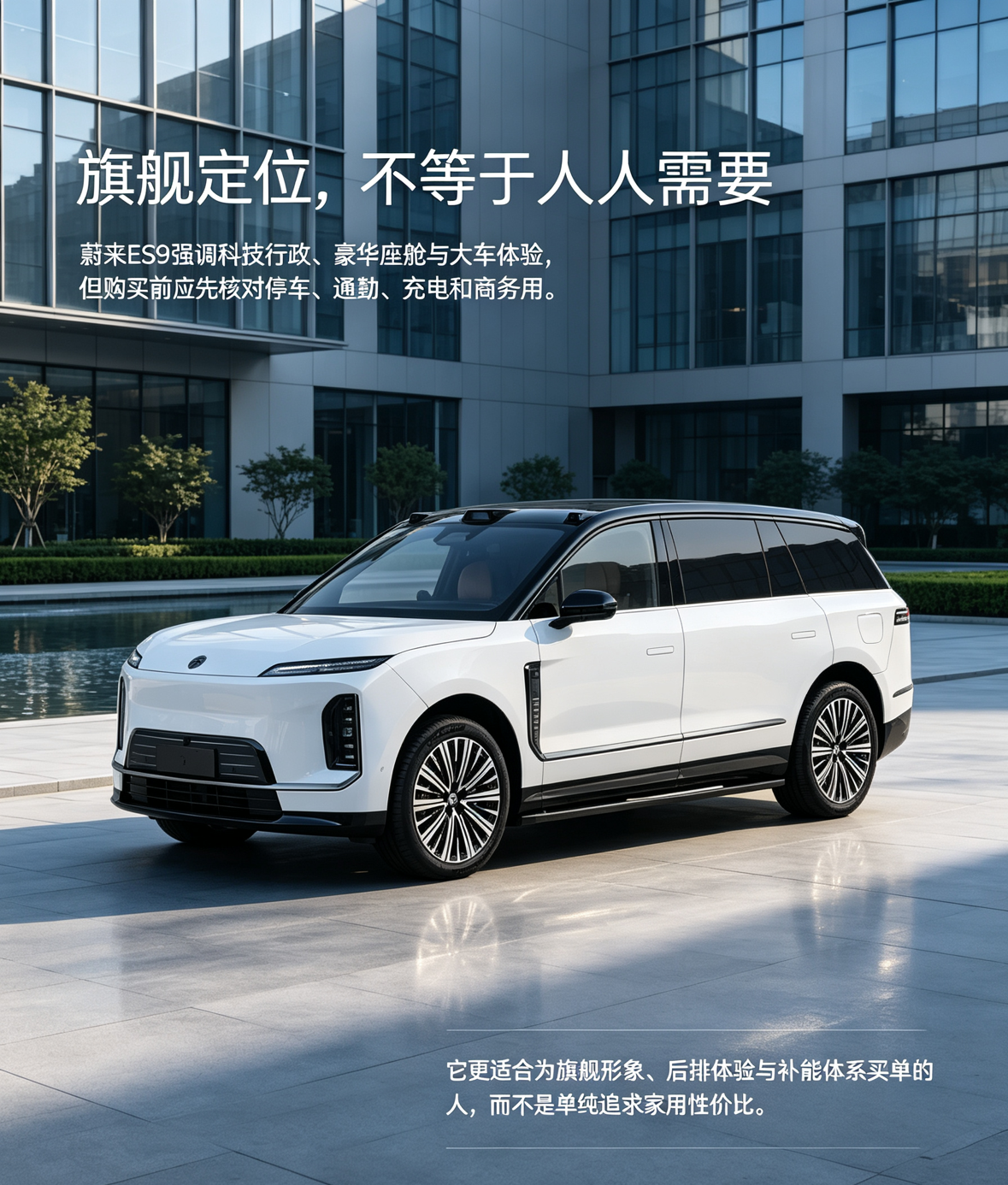 这台白色蔚来ES9停在冷白商务园区前，大型SUV体量与克制科技感强化了它的旗舰定位。讨论它适不适合自己，不能只看“行政”和“豪华”标签，而要把产品定位与真实用途对齐。真实用车中，它更强调后排体验、智能底盘和补能体系；但如果只是普通家庭通勤或看重家用性价比，这个级别未必是最优选择。购买前最好先核对停车