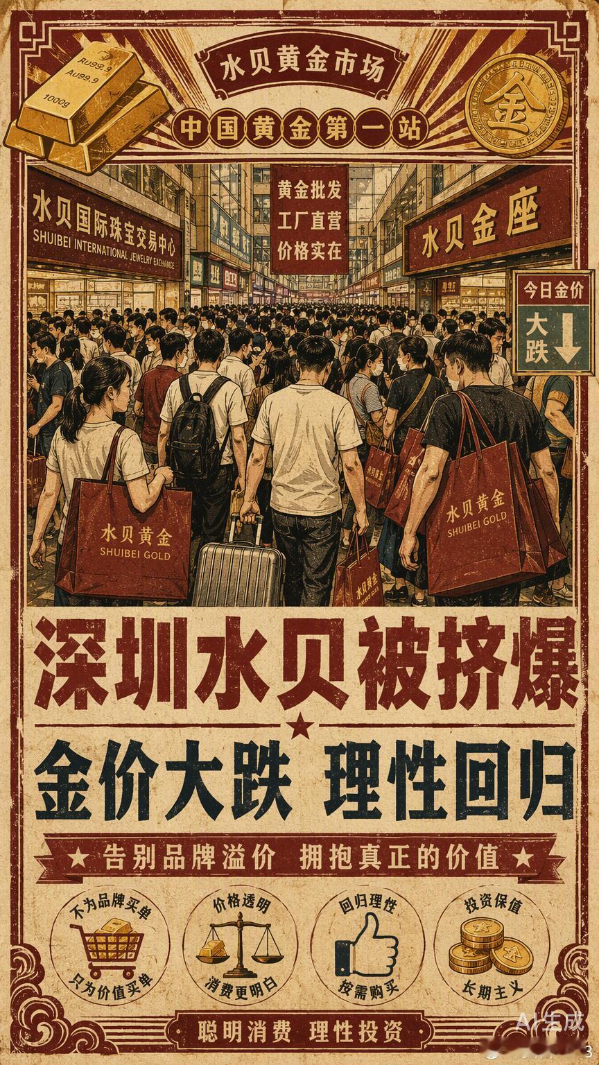 深圳水贝这次被挤爆，看着像是抢购，其实更像是一次对品牌溢价的系统级重构。

国际金价跌破4000美元，国内品牌金饰一个月跌了100块，但水贝和门店之间依然保持着近200元的价差。这让人想起之前聊过的“年轻人抛弃帆布鞋”，当舒适度卷到极致，大家就不愿再为那些磨脚的“社交货币”买单了。现在买黄金 ​