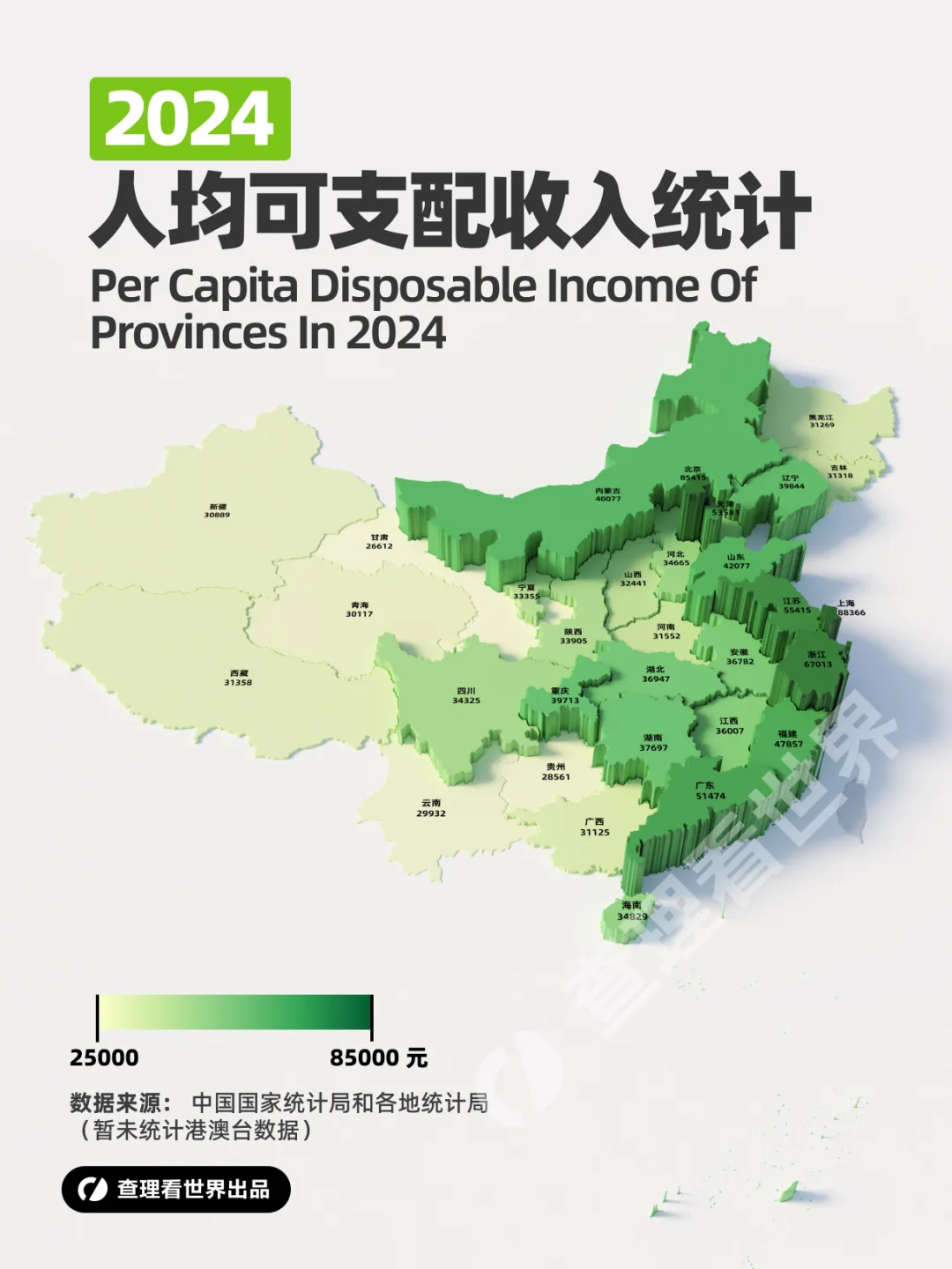 2024年最新中国人均可支配收入地图