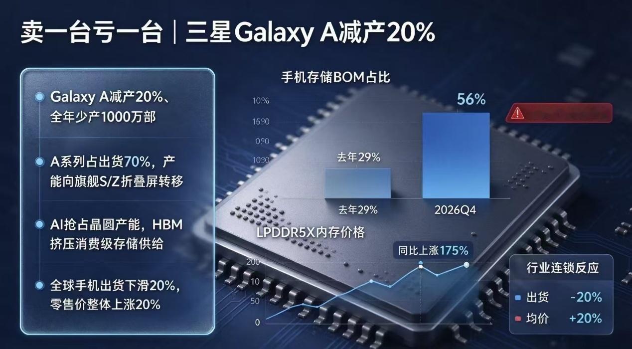 卖一台亏一台，三星Galaxy A减产20%
近日，三星电子已向其供应链传达产量调整计划：2026年第四季度，中端入门机型Galaxy A系列零部件订单，较年初生产计划下调20%，折算全年产量缩减约1000万部。减产的直接原因并非终端需求萎缩，而是存储芯片价格持续攀升叠加原材料获取困难，迫使三星将资