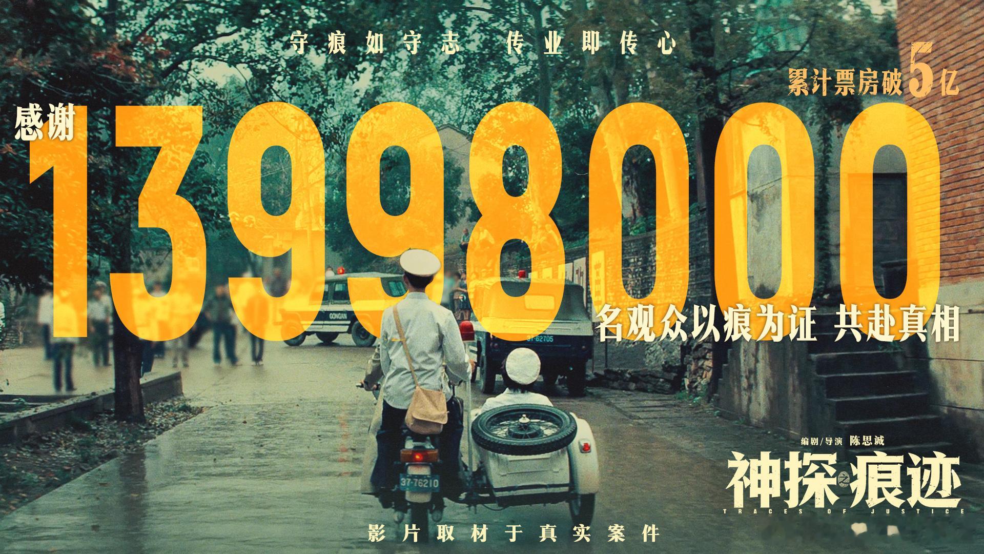 #神探之痕迹累计票房破5亿# 电影《神探之痕迹》累计票房突破5亿，影片以痕检专家崔道植为蓝本创作，四桩惊天重案横跨四十五载追凶路，用细腻写实的笔触还原一代代公安干警的坚守与传承！观众纷纷评价：“取材于真实案件全程高能！一秒都不敢走神！”、“沉浸感拉满！紧张到不敢喘气！”#电影神探之痕迹 ​