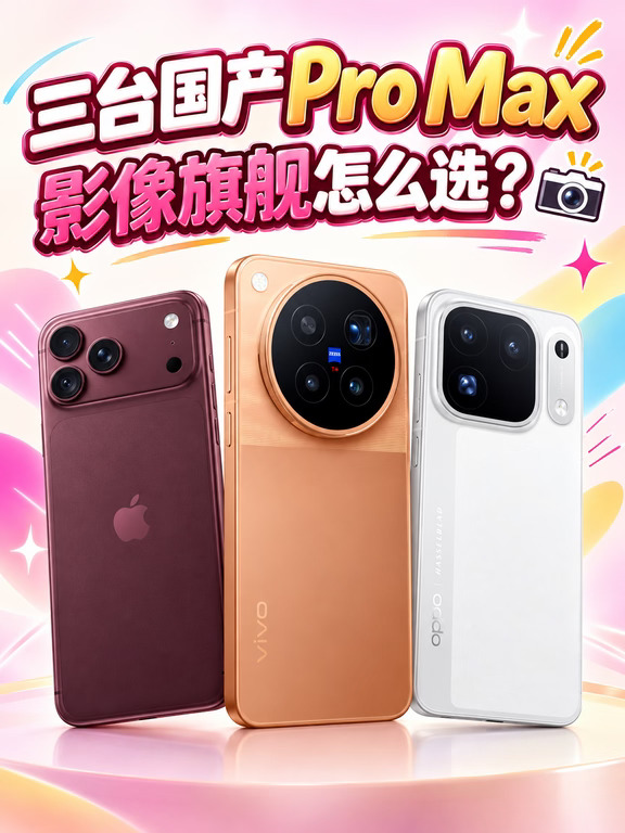 三台国产Pro Max影像旗舰怎么选？📸
最近这三台国产超大杯影像旗舰真的很有意思
vivo X500 Pro Max和OPPO Find X10 Pro Max都将在9月下旬发布，部分参数以最终发布为准
华为Pura 90 Pro Max则已经上市。
📱屏幕
vivo X500 Pro Max：搭载京东方Q11 2K蔡司大师色彩屏，三台里唯一的2K屏，日常追剧、修图都更有沉浸感。
OPPO Find X10 Pro Max：目前爆料为1.5K+144Hz高刷方案，主打高刷流畅感，喜欢打游戏、追求丝滑操作的集美可以关注。
华为Pura 90 Pro Max：LTPO OLED+1-120Hz自适应刷新，偏向细腻显示和日常使用体验。
📸影像
vivo X500 Pro Max：蓝图光御900×索尼定制，17EV超动态范围，再加蔡司2亿APO超级长焦，拍人、拍风景、拍视频都能兼顾。
OPPO Find X10 Pro Max：三颗2亿镜头+17档电影级高动态，属于把解析力堆到很足...