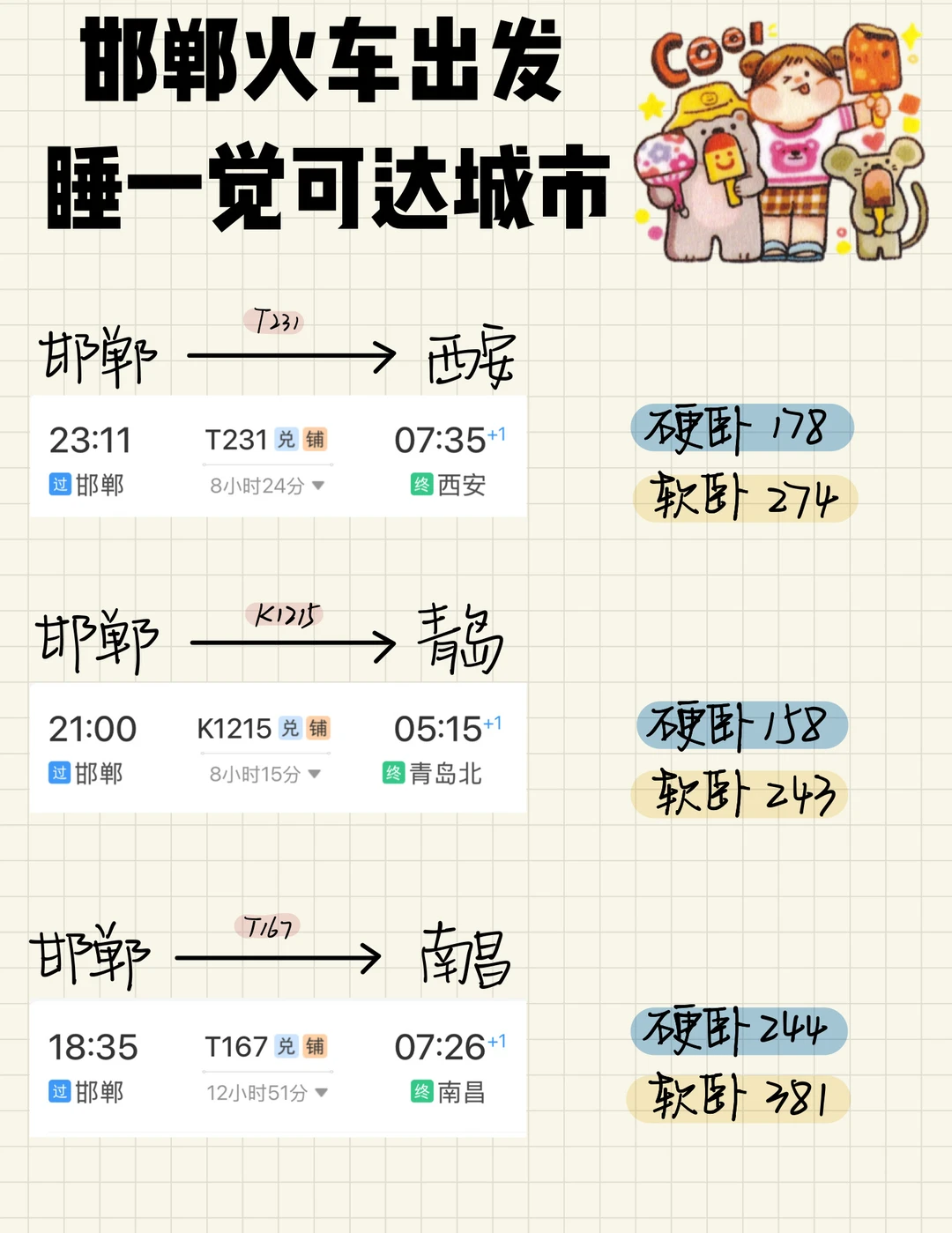 邯郸🚄出发 卧铺一夜可达城市