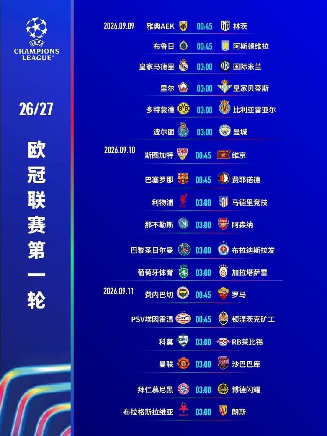 2026/27赛季欧冠联赛明天凌晨打响！#欧冠[超话]# 

阿根廷球迷需要重点关注的场次：

9月9日
3点#皇马vs国际米兰# 
3点#波尔图vs曼城# 

9月10日
3点#利物浦vs马竞# 

9月11日
0点45#费内巴切vs罗马# 
3点#科莫vs莱比锡# 
3点#曼联vs沙巴巴库# ​