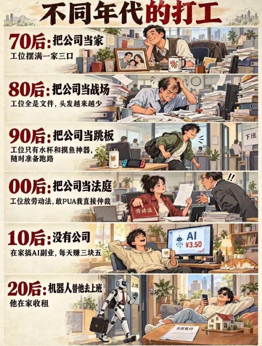 这六代人摆一起，就是一部职场祛魅史：从把公司当家，到盼着机器人替自己上班。我觉得这不是堕落，是大家终于算明白了：公司从来只是交易，谈感情就输了。我现在的状态很实在：活好好干，班正常上，但随时能走的底气，我得一直攒着。 ​