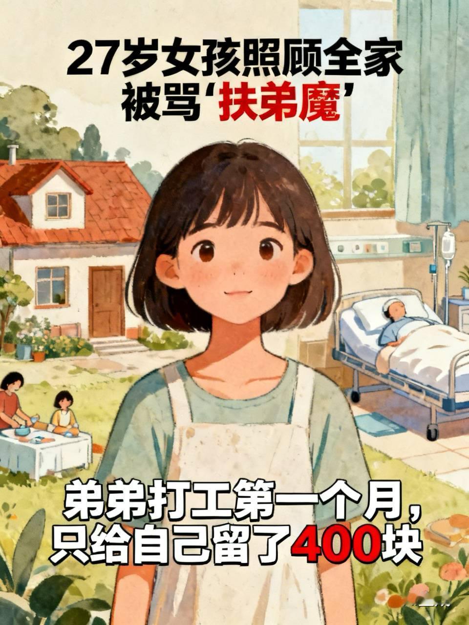 27岁女孩照顾全家被骂“扶弟魔”，弟弟打工第一个月，只给自己留了400块。
一边是病床上的爹娘，一边是偏瘫的弟弟，一个27岁的河南姑娘，把自己的人生按了三次暂停键。三次中断学业，保研名额说没就没，回村后还帮乡亲卖红薯。换来的却是一句冷冰冰的骂名，“扶弟魔”。
这事听着就让人生气，可气归气，咱们得掰扯