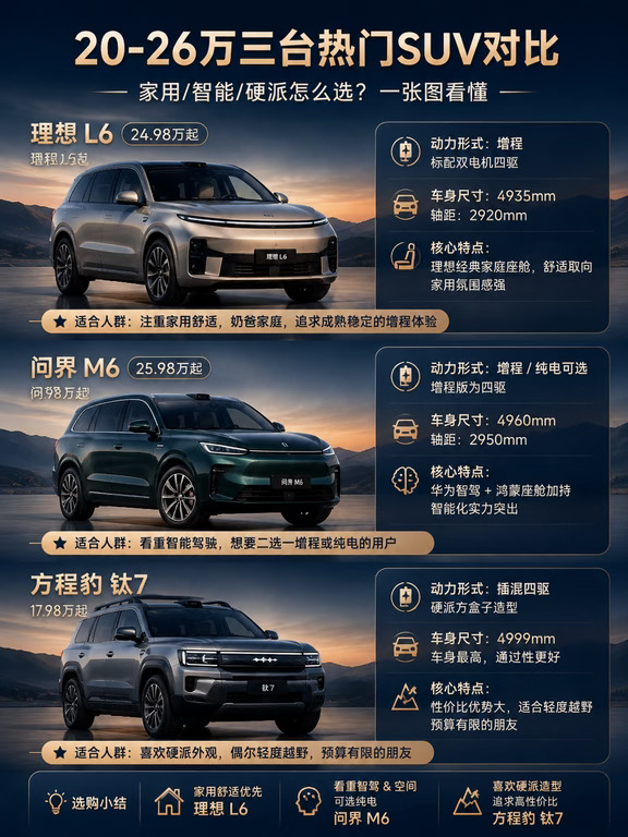 理想卖的是“家”的感觉，问界卖的是“脑”的聪明，方程豹卖的是“野”的底气#20万级中大型SUV  #理想L6  #问界M6  #方程豹钛7#增程插混纯电