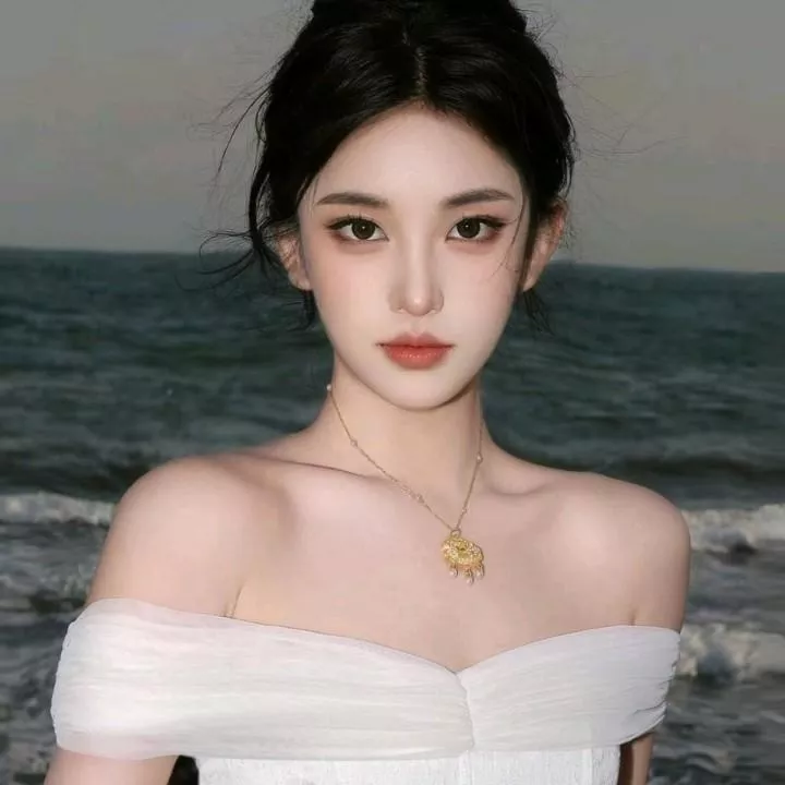 海风轻拂，优雅女神，白色礼服，海浪相伴。