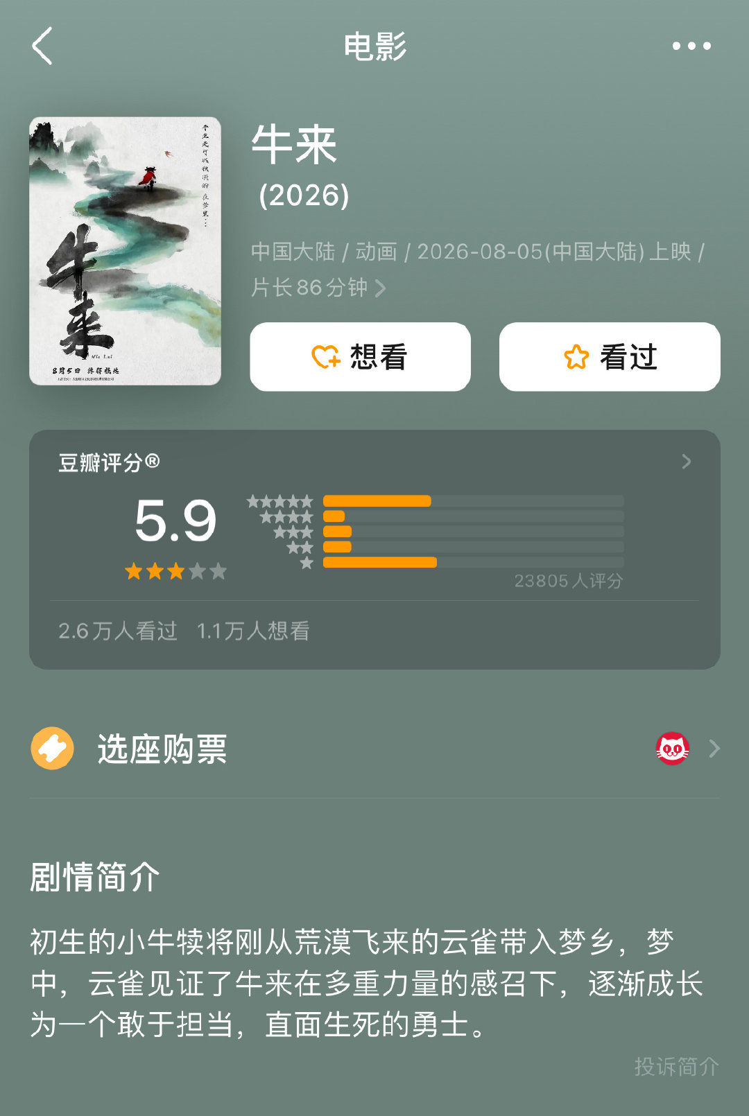 《牛来》豆瓣开分5.9，口碑两极，五星和一星激烈对垒。 ​