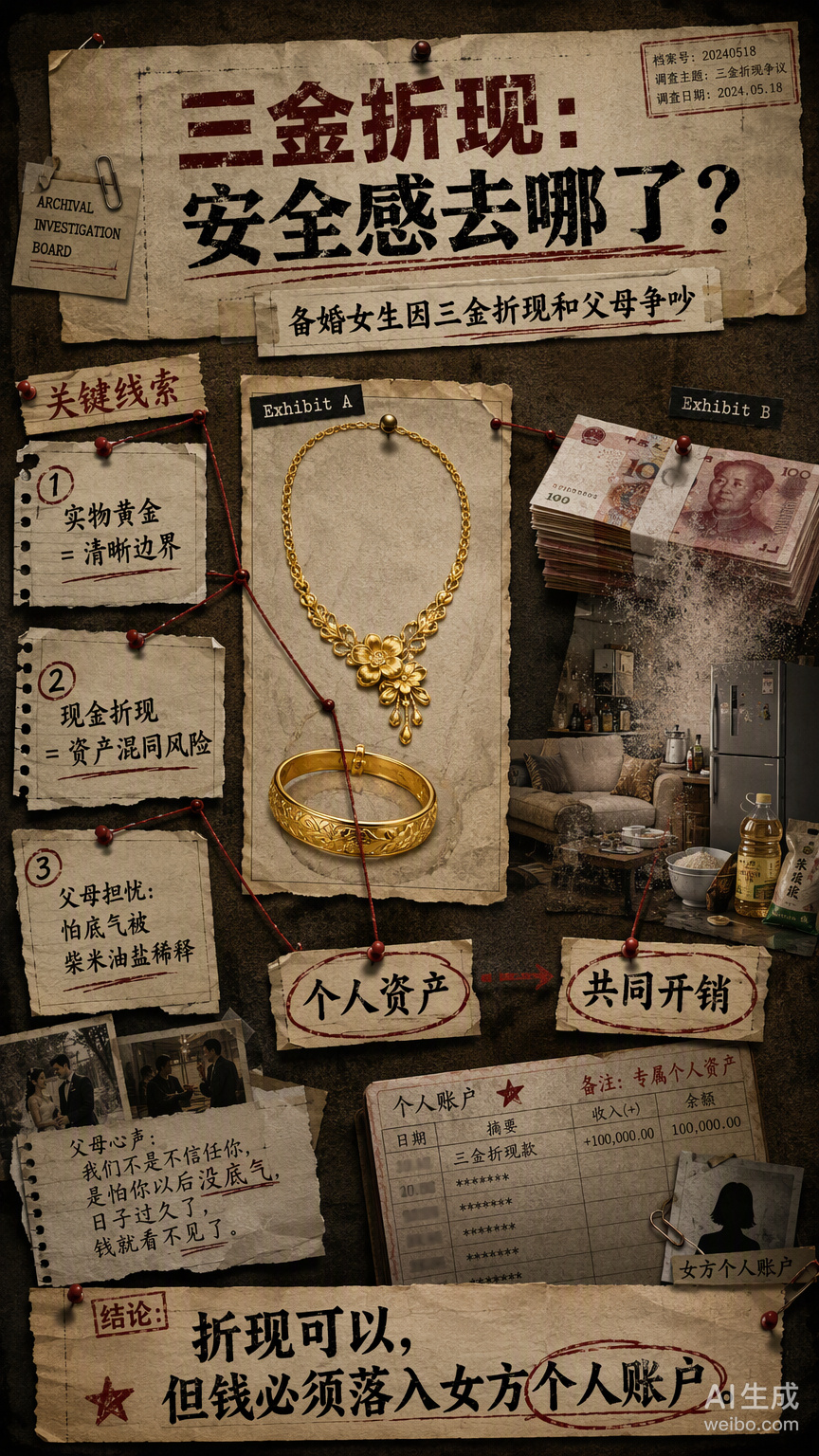 三金折现这事儿，父母拦得紧真不是抠门或者守旧。

金饰是实打实的物件，戴在身上、锁在柜子里，那是明晃晃的个人资产。一旦换成五万块钱进了账，转眼可能就变成了装修款、家电费，甚至是婚后的一日三餐。等到日子过起来，这笔钱早就和共同存款混在一起，分不清你我了。

年轻人觉得谈钱伤感情，信任才 ​