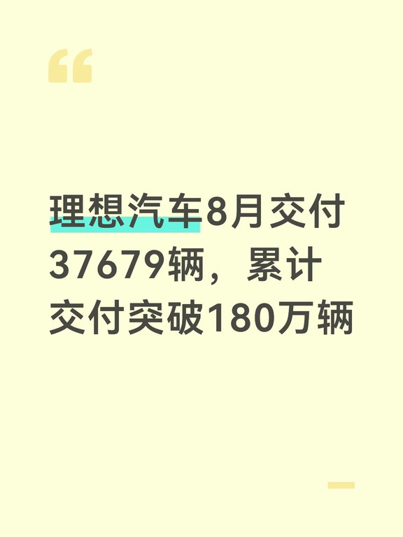 理想汽车8月交付37679辆，累计交付突破180