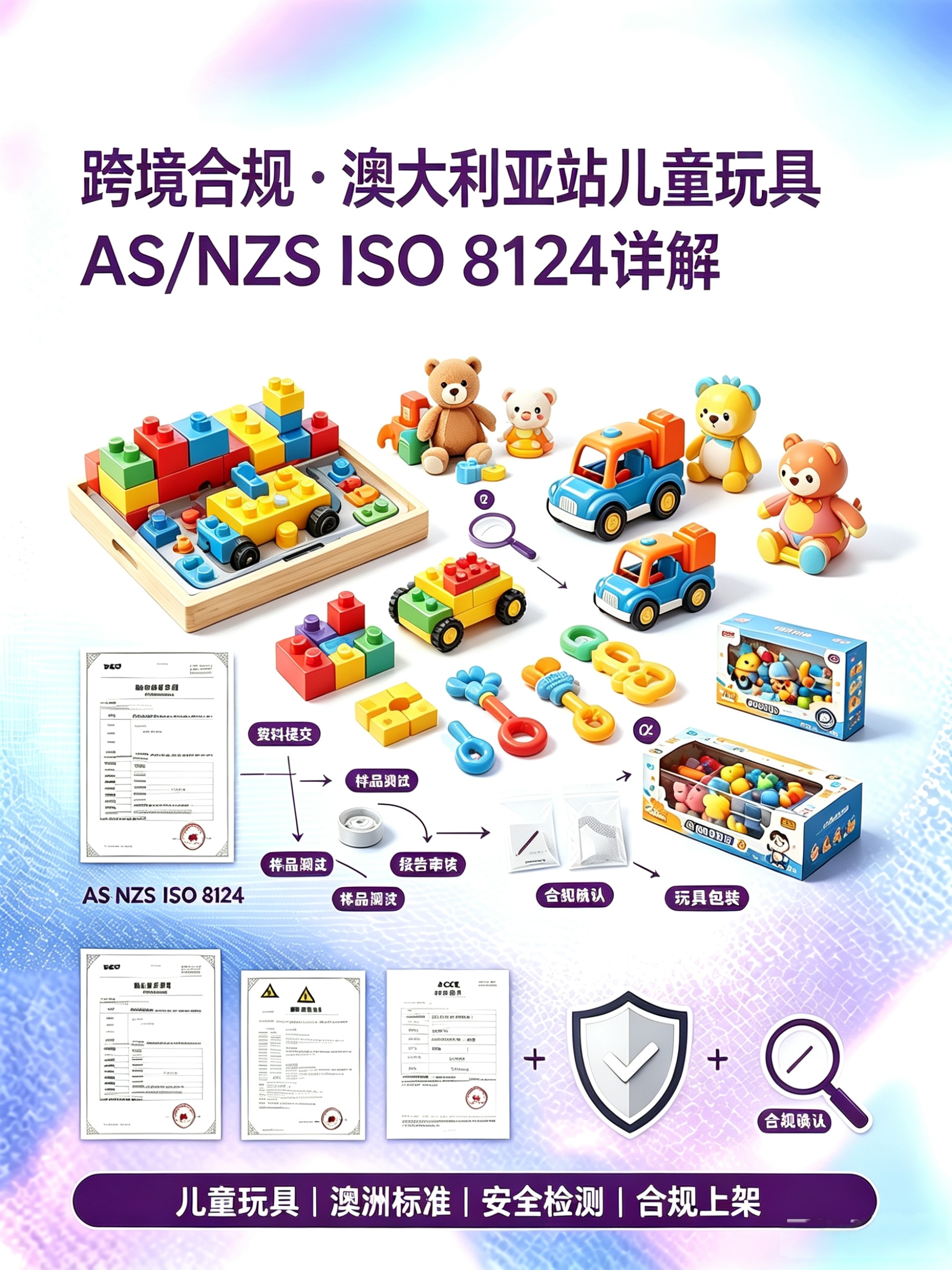 澳大利亚儿童玩具产品AS/NZS 8124法规详解
📋 AS/NZS 8124是什么？《DD：shunj99》
AS/NZS ISO 8124是澳大利亚（AS）和新西兰（NZ）共同采用的玩具安全强制性标准，以国际标准ISO 8124为基础，并结合澳新本地要求进行修订。适用14岁以下儿童的所有玩具，涵