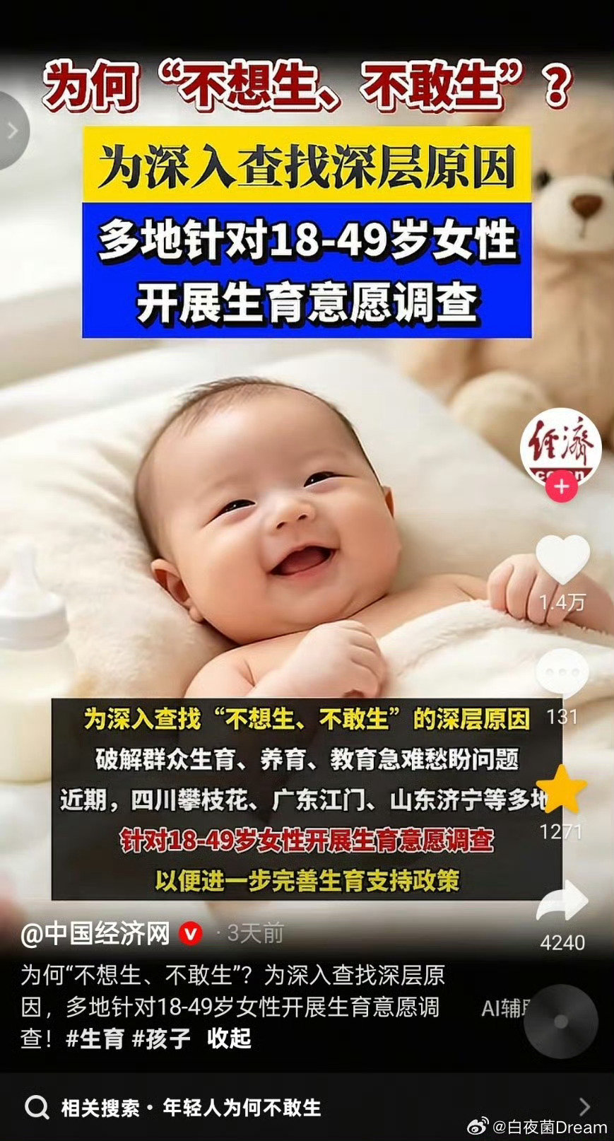 #多地调查女性不想生不敢生原因#为什么呢？ ​