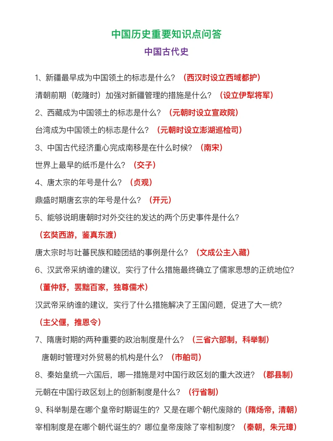 中国历史重要知识点问答