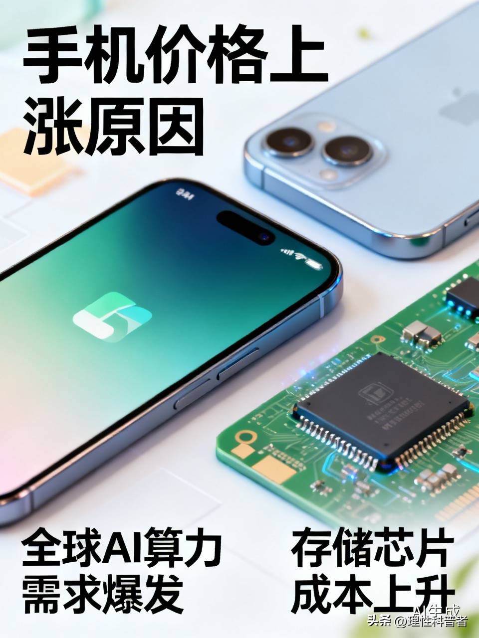 手机价格为何持续上涨？主要是受全球AI算力需求爆发的影响。
2026年手机存储芯片价格大幅上涨。行业数据显示，二季度手机存储价格环比涨幅超80%，存储芯片成本超过旗舰处理器，成为手机最贵零部件。AI服务器优先占用大量先进存储产能，叠加端侧AI手机内存规格升级，造成供需紧张。多家手机厂商已经上调终端售