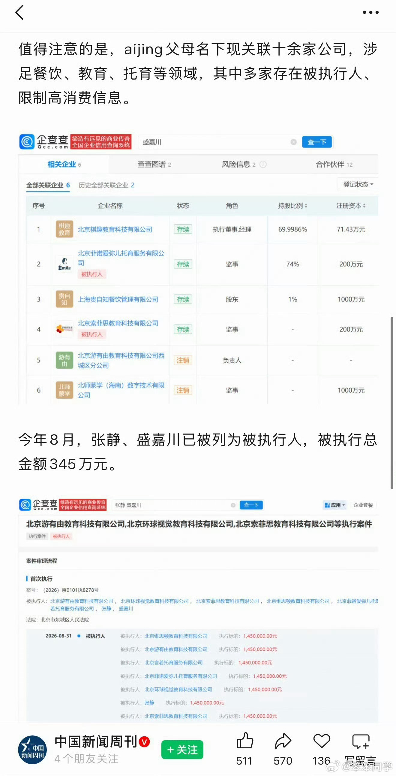 #欠薪345万却砸钱送孩子韩国出道# 我还是那句话，祸不及子女的前提是惠不及子女。

盛艾敬母亲的公司2024年起欠薪，仲裁后依然违约；父亲名下多家公司被执行，夫妻俩合计欠了345万。

有钱培养出道，无钱偿还债务！欠着打工人的血汗钱，但盛艾敬的培训、海外比赛、广告影视等等，哪样不是家里砸钱堆出 ​