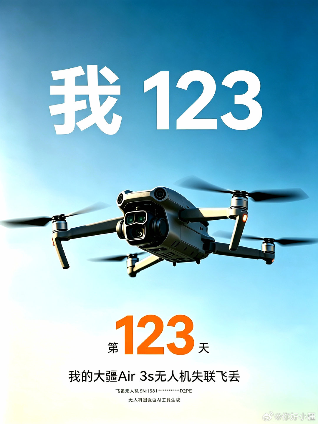 74.【失联飞丢纪念图（第123天）：我 123。】

我 123。

#大疆飞丢# #大疆炸机# #大疆售后# 
​