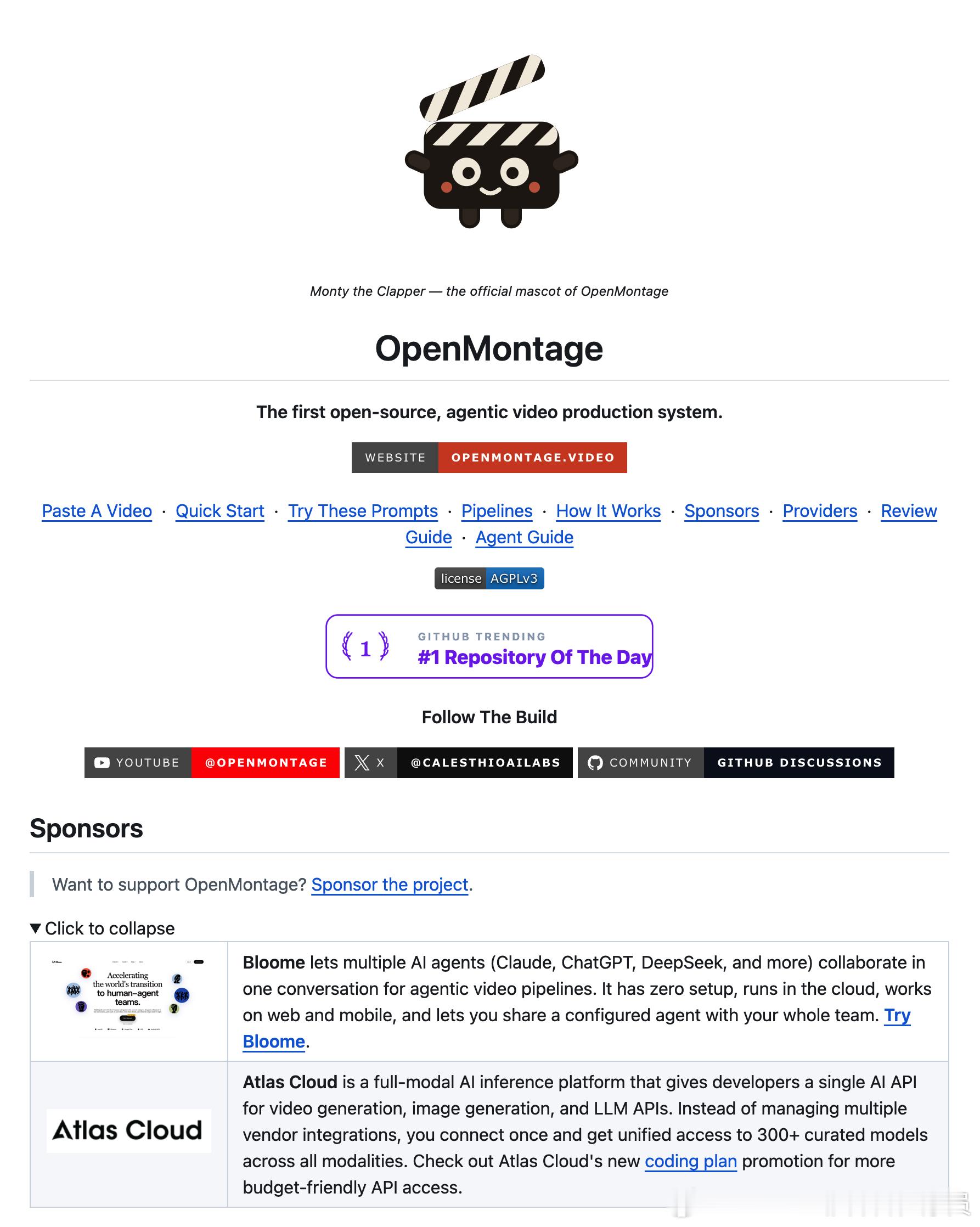 给大家推荐一个很好的开源项目： OpenMontage ，号称是全球首个「AI 智能体驱动的视频制作系统」。我仔细看了一下，确实很赞。

简单说，它干了一件事：把你平时用的 AI 编程助手（比如 Claude Code、Cursor、Copilot 这些），变成了一个完整的视频制作工作室。你用大白话描述你想要什么视频，剩下的事 ​