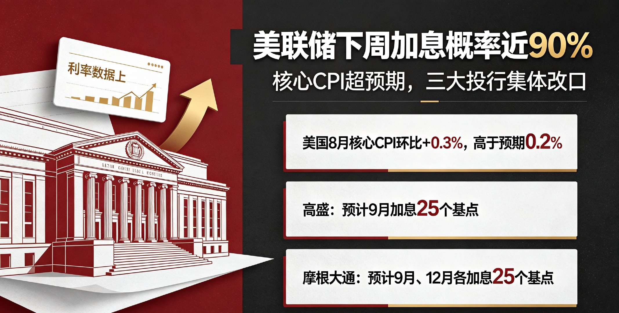 加息预期彻底引爆！三大投行集体改口，下周加息几乎板上钉钉

美国8月通胀数据落地后，超预期的核心CPI直接改写全球货币政策预期，多家顶级投行紧急修正观点，美联储加息从“预期”变成“大概率落地”。

数据方面，美国8月CPI同比维持3.4%，环比上涨0.4%；核心CPI环比0.3%，高于市场0.2%的预期，创下4 ​