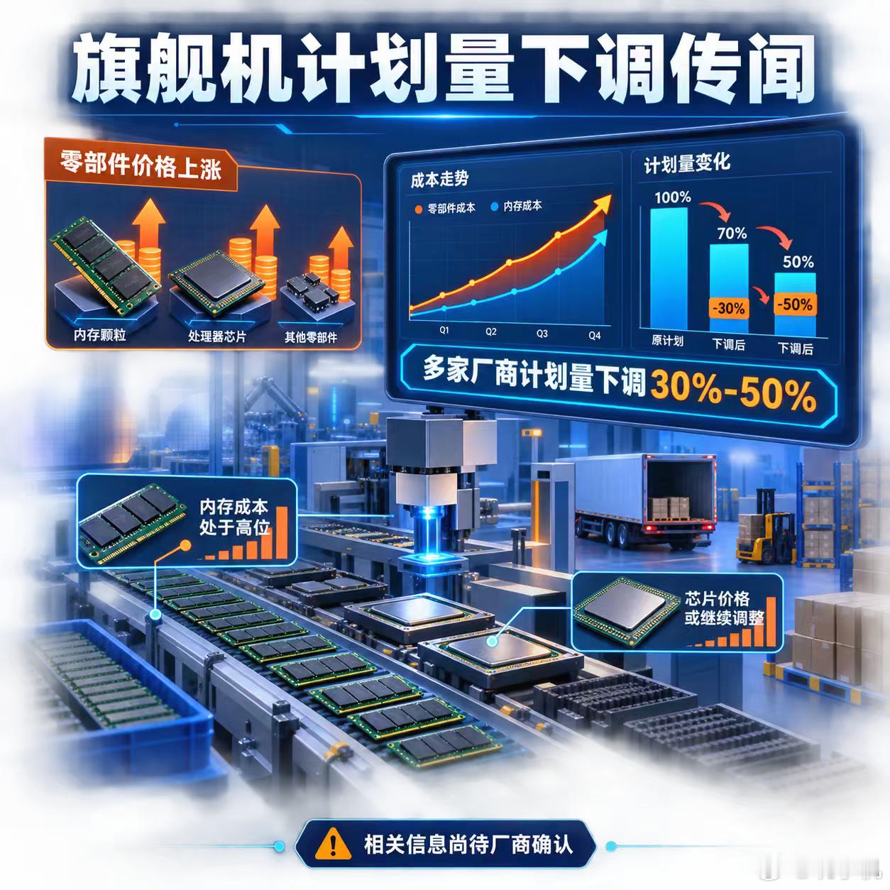 【数码快讯】有市场消息称，受零部件价格上涨影响，多家手机厂商已将旗舰机计划量下调30%—50%。

相关预测认为，内存价格可能在2026年第四季度达到阶段高点，存储成本短期内仍将处于高位。另有消息称，高通芯片或于9月进行两位数幅度调价。上述信息尚待相关厂商确认。#手机行业##旗舰手机##供应链动态 ​