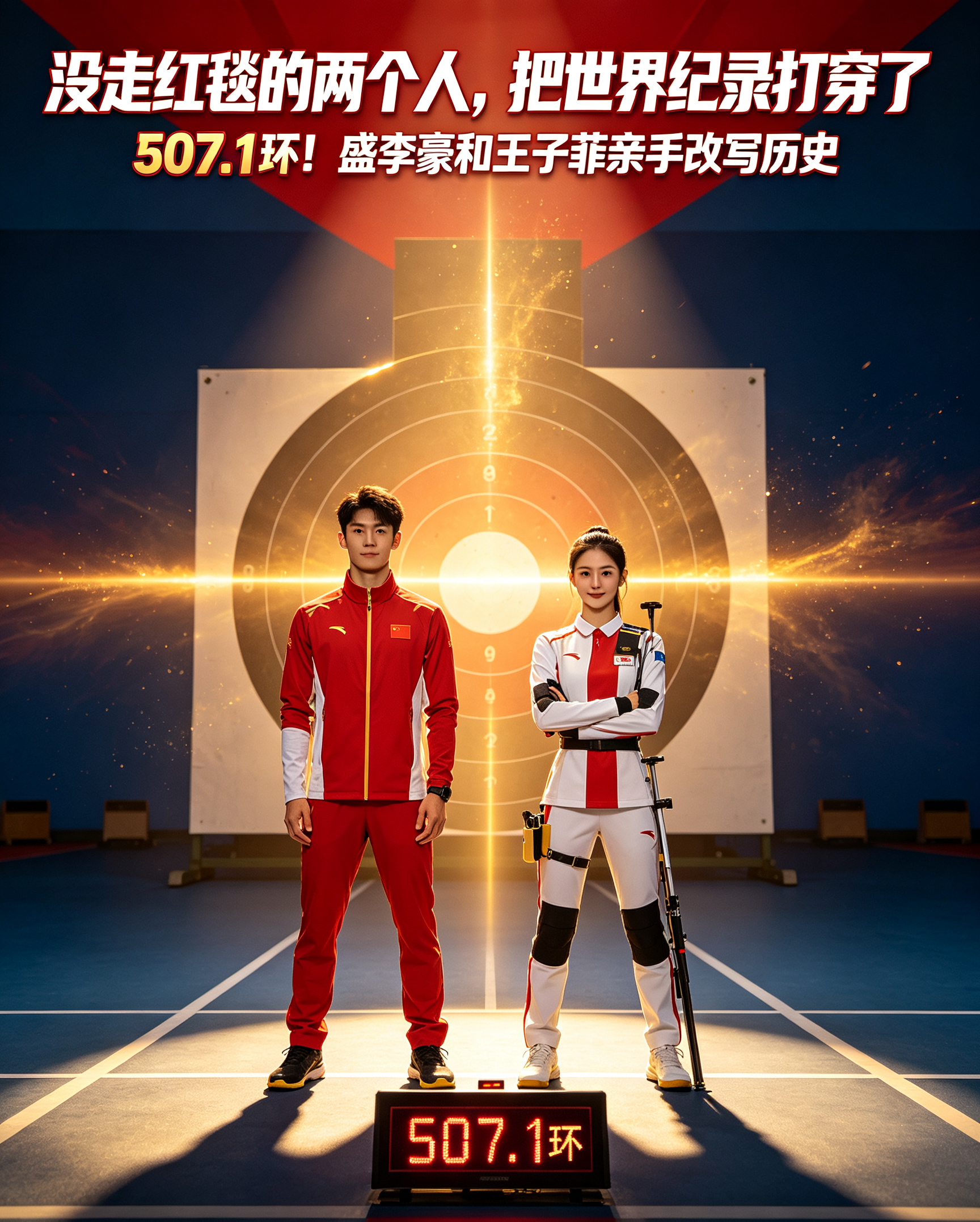 没走红毯的两个人，把世界纪录打穿了

9月22日，名古屋亚运会射击馆，大屏幕上定格在507.1环。盛李豪和王子菲并肩站着，身后是刚刚被他们亲手改写的世界纪录。

而就在几天前的开幕式上，中国射击队全队没有一个人露面。

原因很简单：赛会安排的酒店到赛场，单程通勤一个半小时。去走一趟开幕式，来回三个小