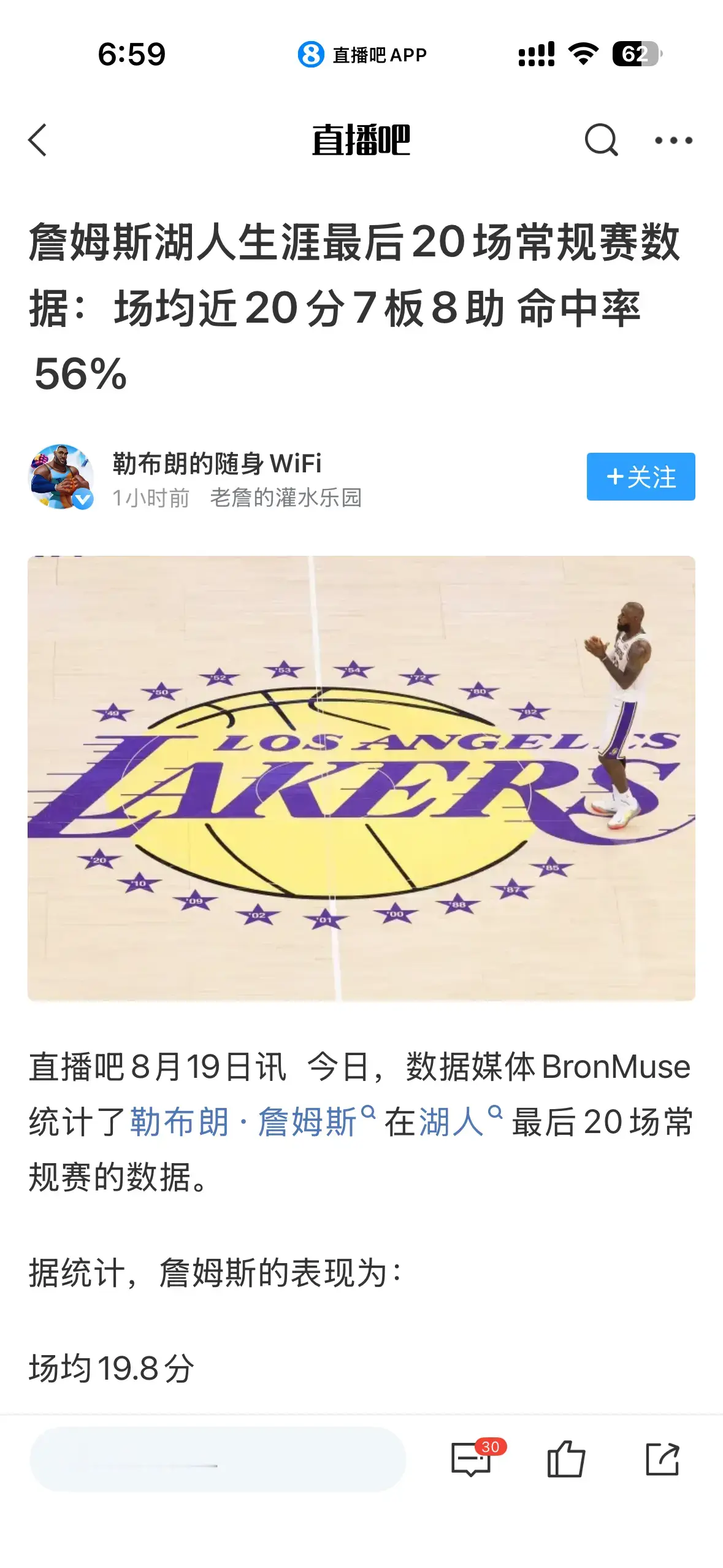 詹姆斯湖人生涯最后20场常规赛数据：场均近20分7板8助 命中率56%