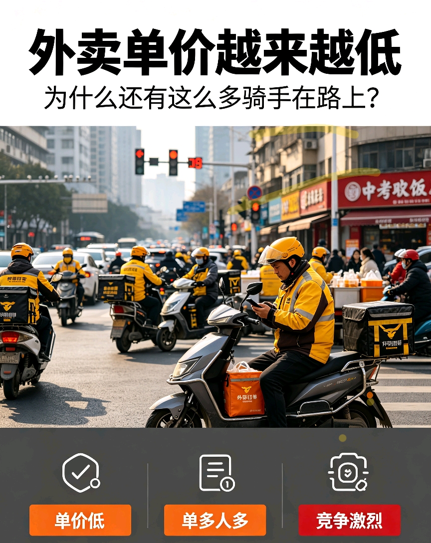 外卖单价越来越低，为什么还有大批骑手在跑？
 
不知道大家有没有发现一个现象，现在外卖一单3块、4块已经成了常态，远单、拼单价格压得越来越低，很多老骑手都在吐槽：再这样干下去真的撑不住了。
 
可奇怪的是，大街上的骑手不但没有变少，反而越来越多。明明单价很低，依旧源源不断有人涌入这个行业，到底是什么