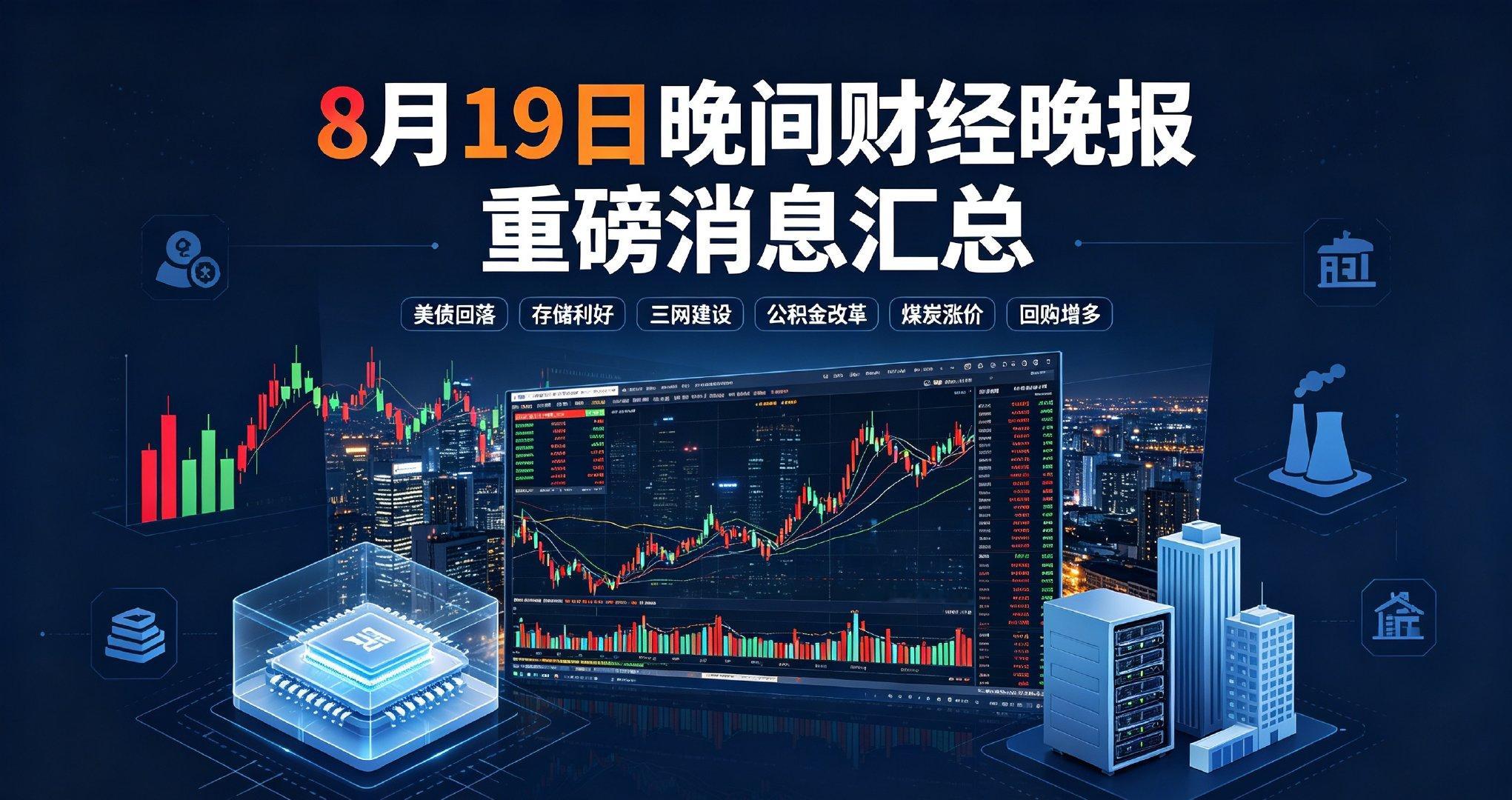 8月19日A股全天深度回调，科技赛道集体杀跌，仅煤炭、银行、地产服务等防御板块逆势抗跌。晚间多条重磅消息落地，对明日盘面影响极大。

海外方面，美债流动性政策优化，长期国债回购规模翻倍，美债收益率回落，美股股指期货小幅拉升，缓解了此前科技股大跌的负面情绪。存储板块迎来重磅利好，SK海力士 ​