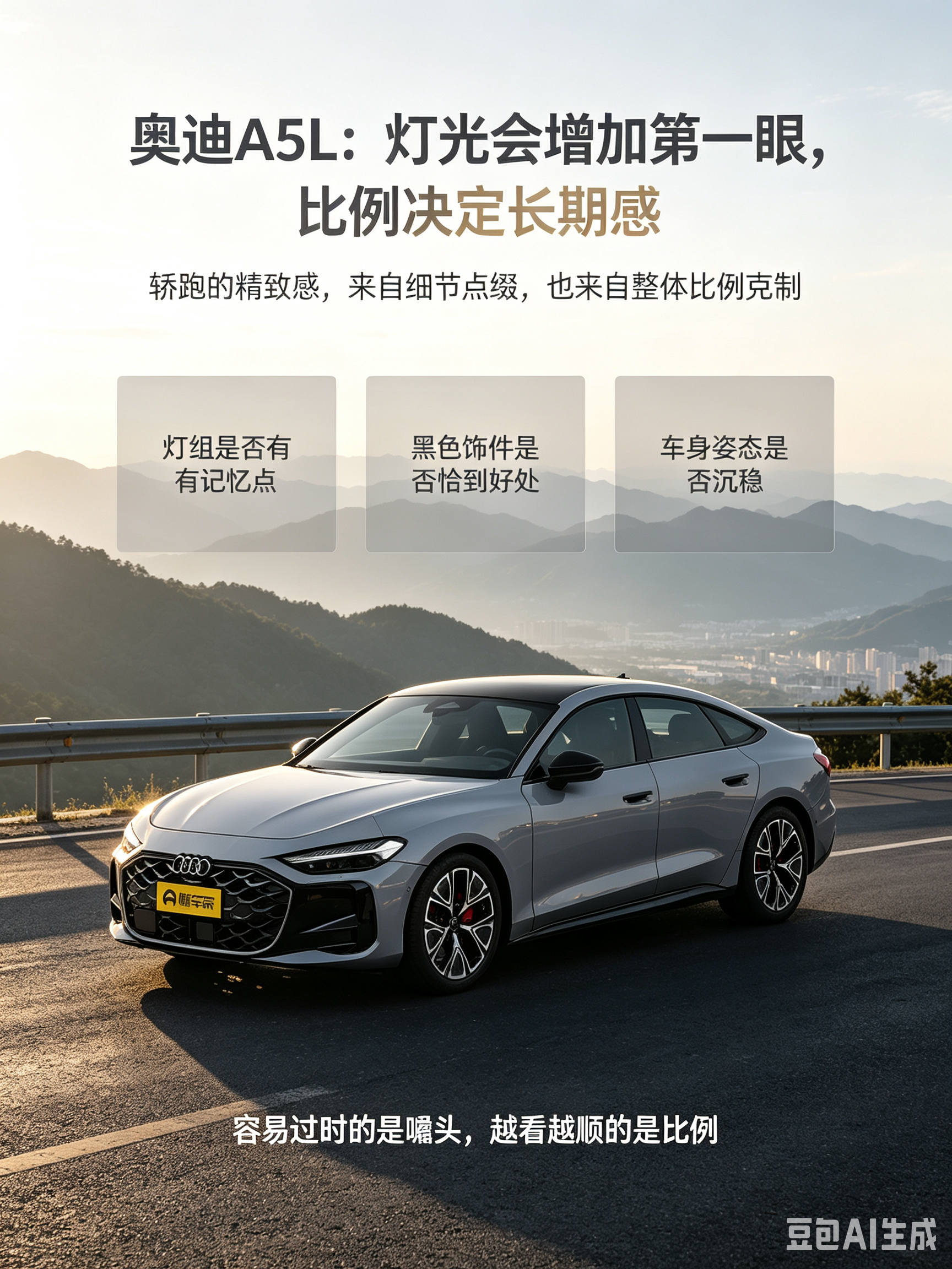 奥迪 A5L Sportback 的灯光和黑色饰件能强化第一眼记忆，但真正经看的还是整体比例。灯组负责辨识度，低趴姿态负责运动感，可如果车身比例不协调，细节再抢眼也容易审美疲劳。大白话讲，花哨的东西容易过时，协调的比例才更耐看。【来自懂车帝车友圈】