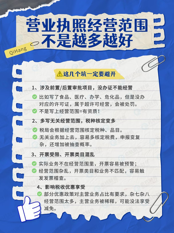 营业执照经营范围不是越多越好！盲目乱填，麻烦找上门🔥
很多老板办执照的时候觉得：经营范围多写点，以后想做什么都方便！
大错特错！经营范围不是越多越好，填多填错，暗藏不少财税风险⚠️
✅ 先说误区：
经营范围写满一大页，不代表你什么生意都能做，反而徒增风险！
⚠️ 这几个坑一定要避开：
1、**涉及前置/后置审批项目，没办证不能经营**
比如写了食品、医疗、办学、危化品，但是没办对应的许可证，属于超许可经营，会被处罚。
不是写上经营范围=有资质！
2、**多写无关经营范围，税种核定变多**
税局会根据经营范围核定税种、品目。
无关业务加上去，容易多核定税费，申报变复杂，还增加被抽查概率。
3、**开票受限、开票类目混乱**
实际业务不在经营范围里，开票容易被预警；
经营范围杂乱，开票类目和业务不匹配，容易触发发票稽查。
4、**影响税收优惠享受**
部分优惠政策对主营业务占比有要求，杂七杂八经营范围太多，主营业务被稀释，可能没法享受减免。
5、**工商异常、年报麻烦**
经营范围写...