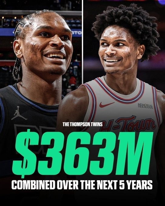 书写历史！汤普森兄弟成为NBA首对双双拿下亿元续约的双胞胎，合计3.63亿美金！

据ESPN名记Shams消息，底特律活塞与奥萨尔·汤普森达成5年1.55亿美元全额保障新秀提前续约，合约自2027‑28赛季生效，没有球员、球队选项。

——他的双胞胎兄长阿门·汤普森，此前和火箭敲定5年2.08亿美