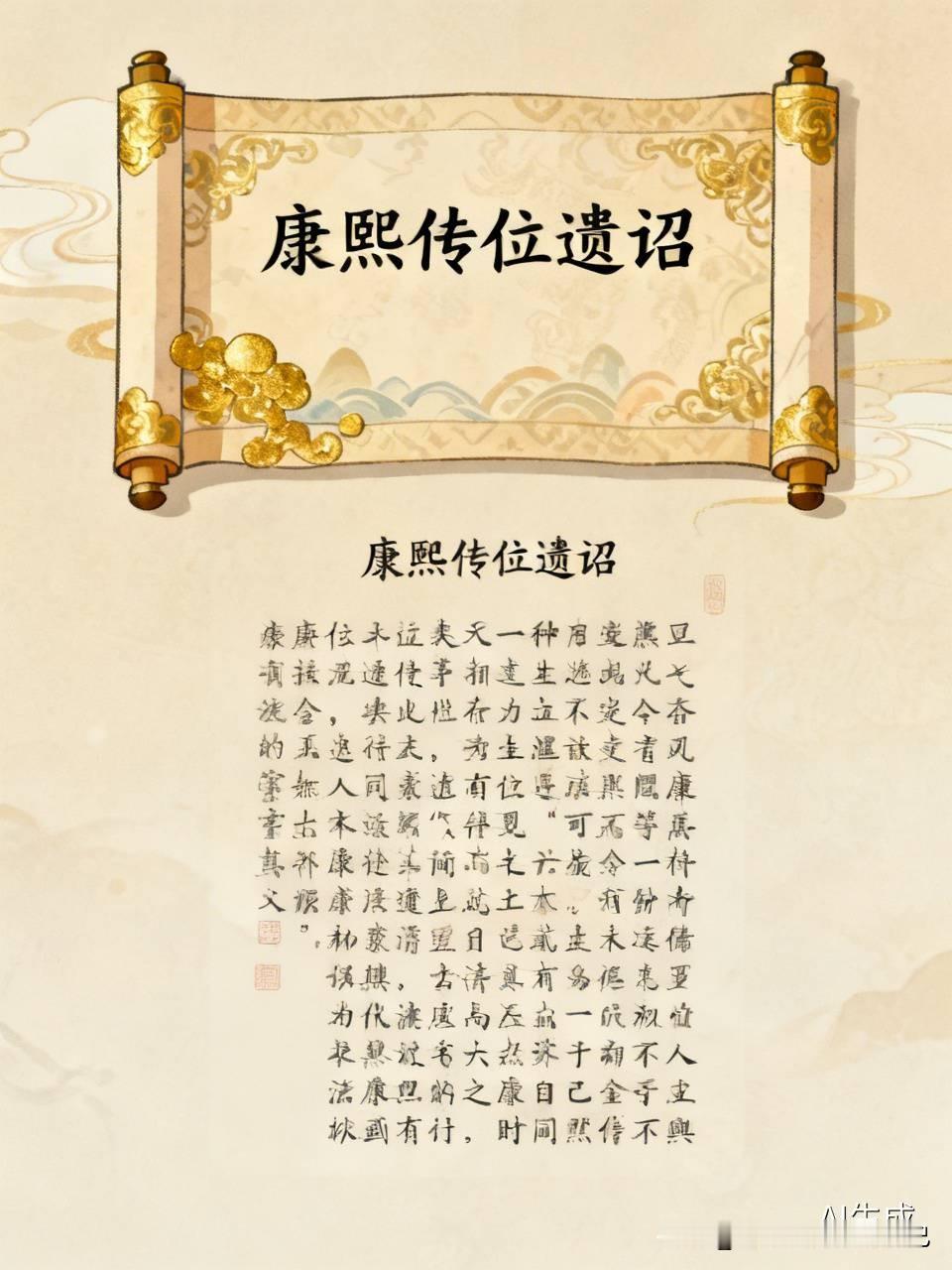 你问我答通过分析康熙帝的“面谕”，他的“传位遗诏”已经写好了，所以落款不可能是康熙帝驾崩的那一天。我们可以清晰地发现，所谓的“康熙传位遗诏”，完全是隆科多秉承雍正帝的意志撰写而成的，不是康熙帝的意思。康熙帝亲自书写的遗诏，或者还存在，或者已经被毁，但绝不是我们在中国历史第一档案馆看到的那份。