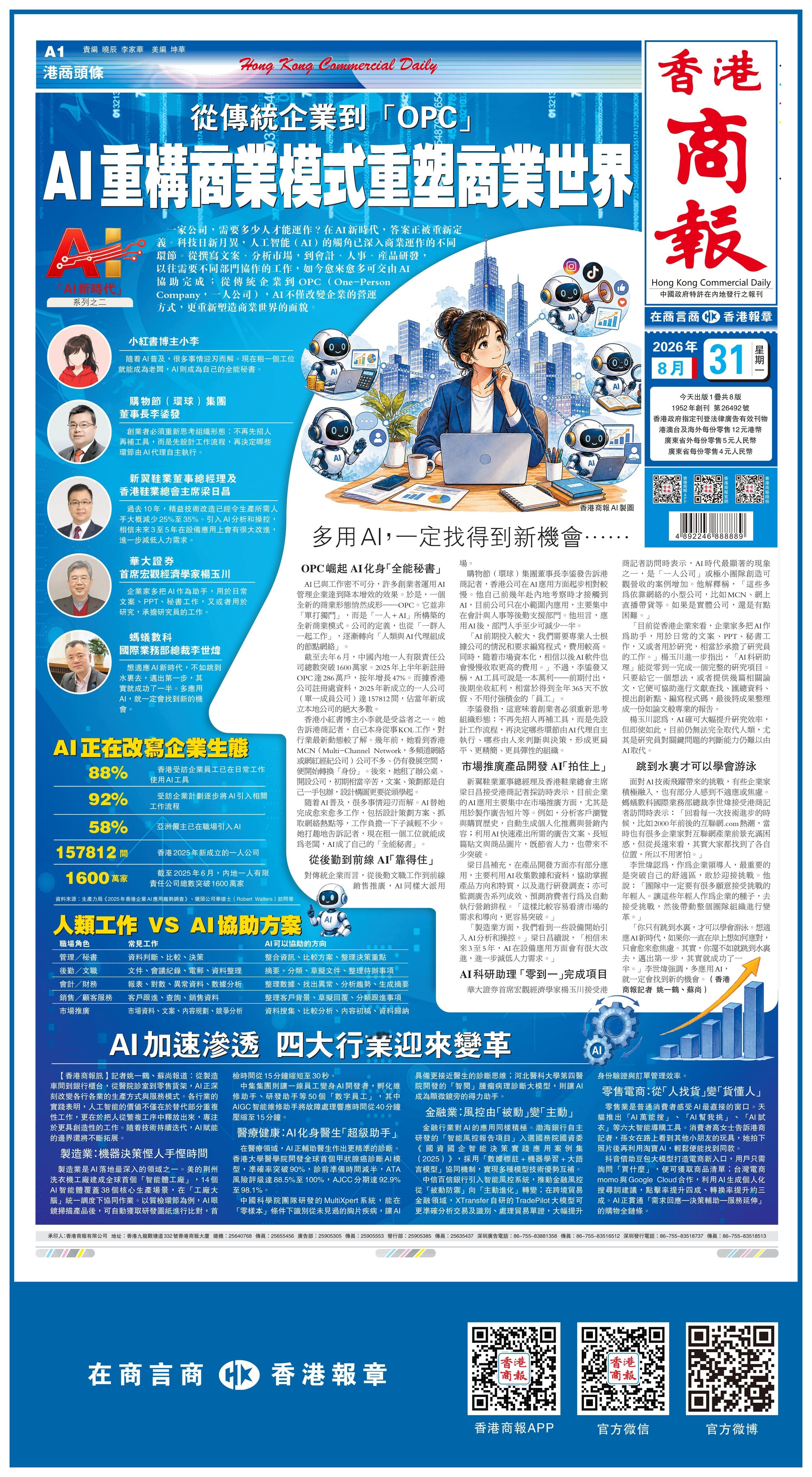 【AI时代，一家公司到底需要多少人？】

一家公司，需要多少人才能运作？在AI新时代，答案正被重新定义。

科技日新月异，人工智能（AI）的触角已深入商业运作的不同环节。从撰写文案、分析市场，到会计、人事、产品研发，以往需要不同部门协作的工作，如今愈来愈多可交由AI协助完成；从传统企业到OPC ​